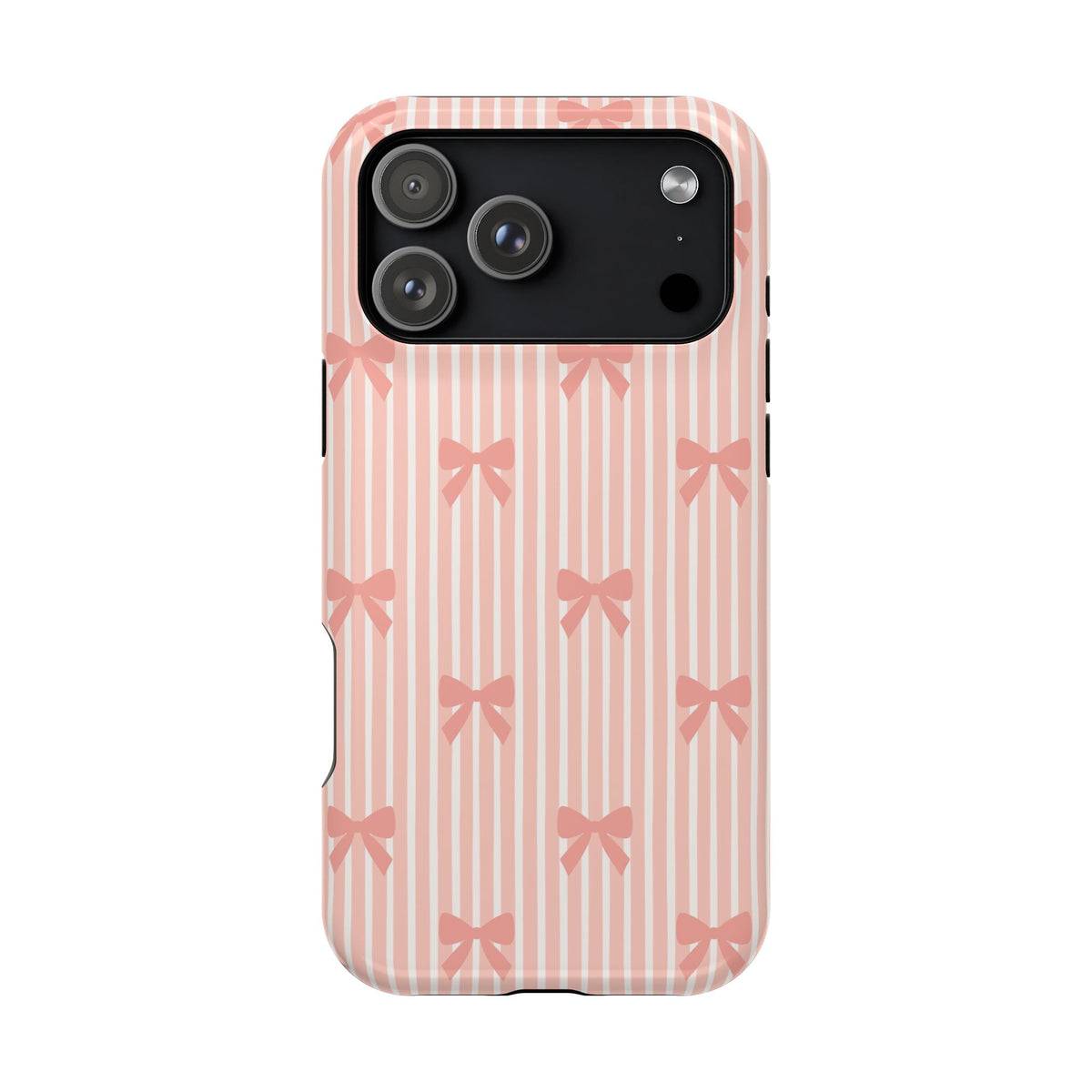 Peach Bow Stripe MagSafe case for iPhone 17 Pro Max, glossy finish