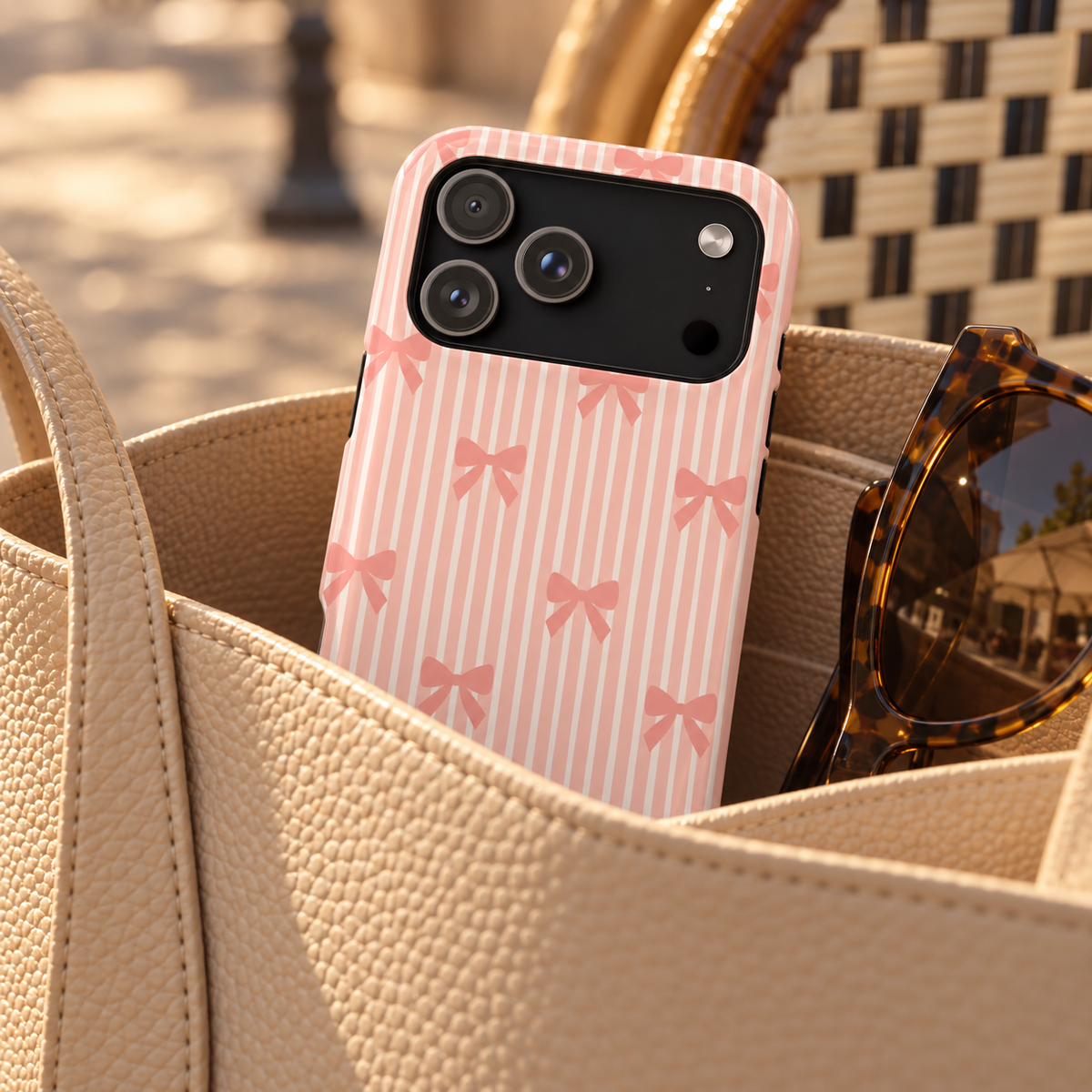 Peach Bow Stripe MagSafe case, peach bows on soft peach stripes, lifestyle photo in a handbag