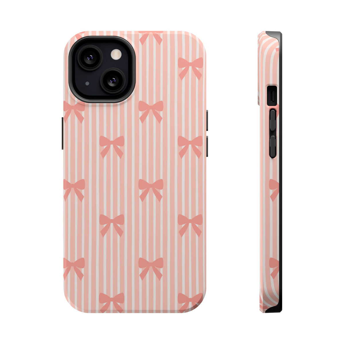 Peach Bow Stripe MagSafe case for iPhone 13, glossy finish