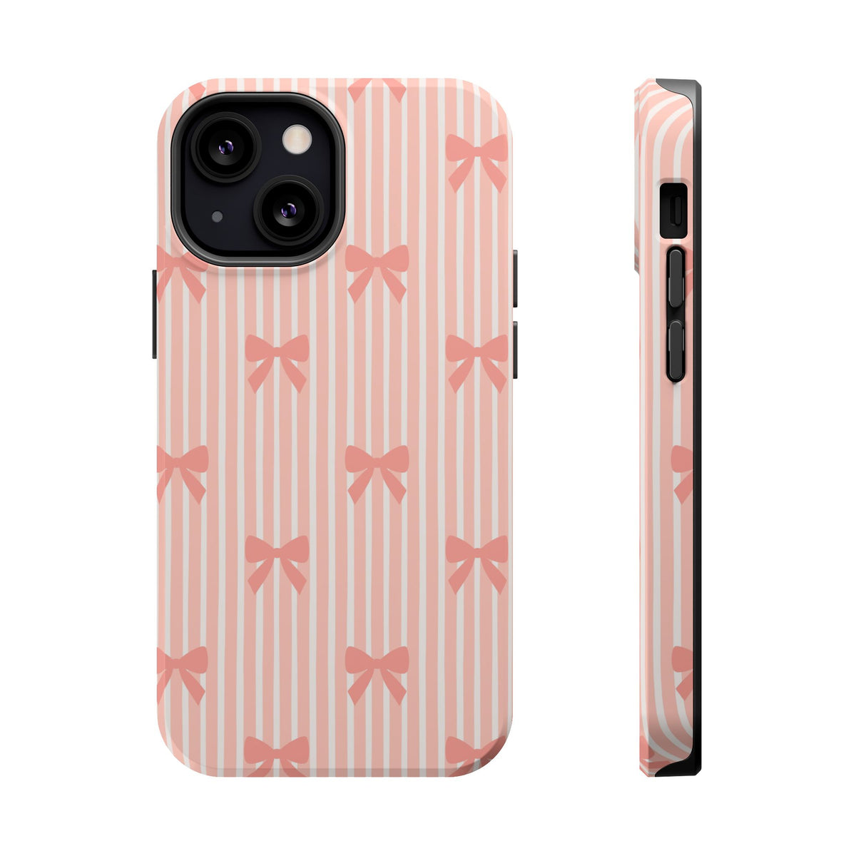 Peach Bow Stripe MagSafe case for iPhone 13 Mini, glossy finish