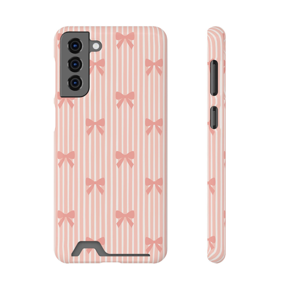 Peach Bow Stripe phone case with card holder for Samsung Galaxy S21 Plus, glossy finish