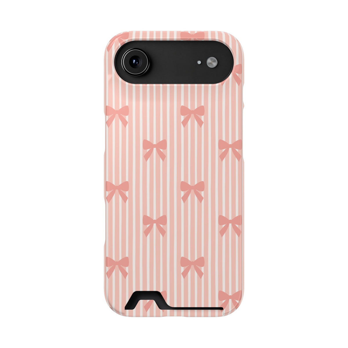 Peach Bow Stripe phone case with card holder for iPhone 17 Air, glossy finish