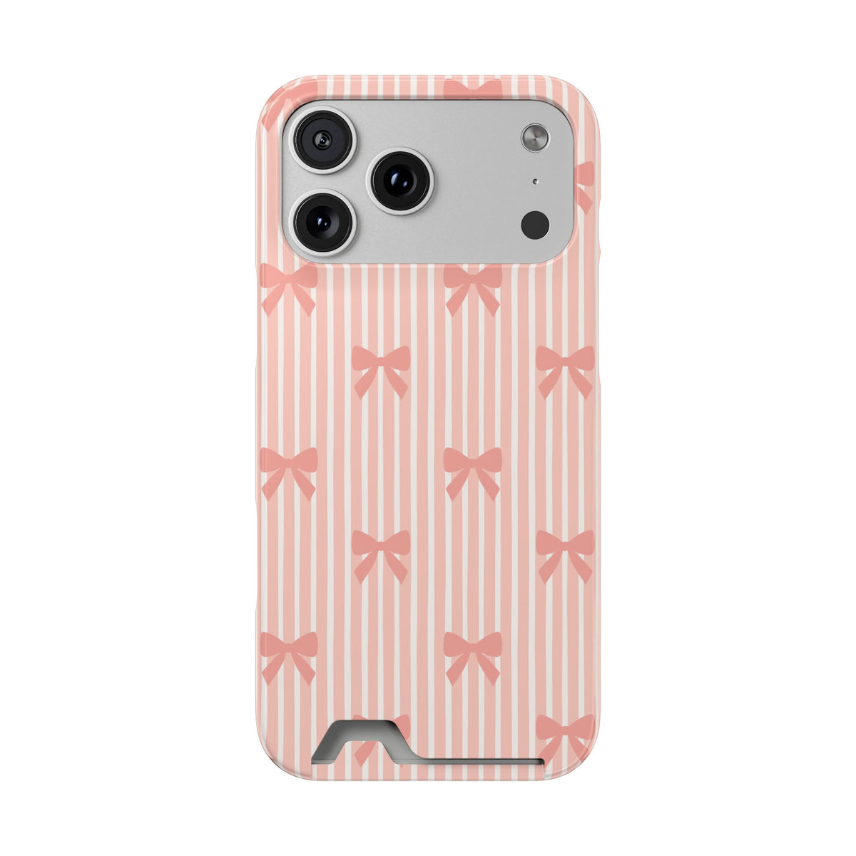 Peach Bow Stripe phone case with card holder for iPhone 17 Pro Max, glossy finish