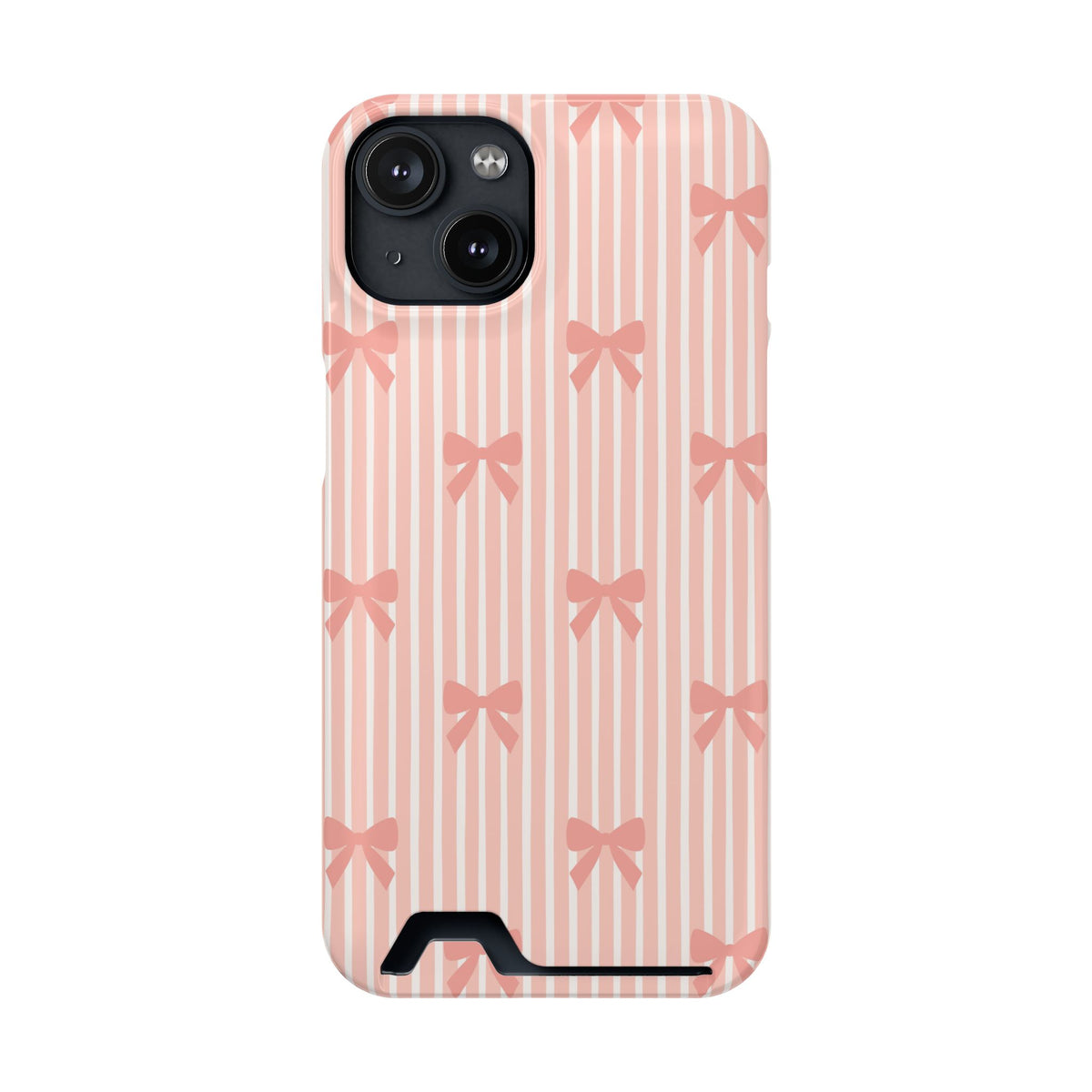 Peach Bow Stripe phone case with card holder for iPhone 14, glossy finish