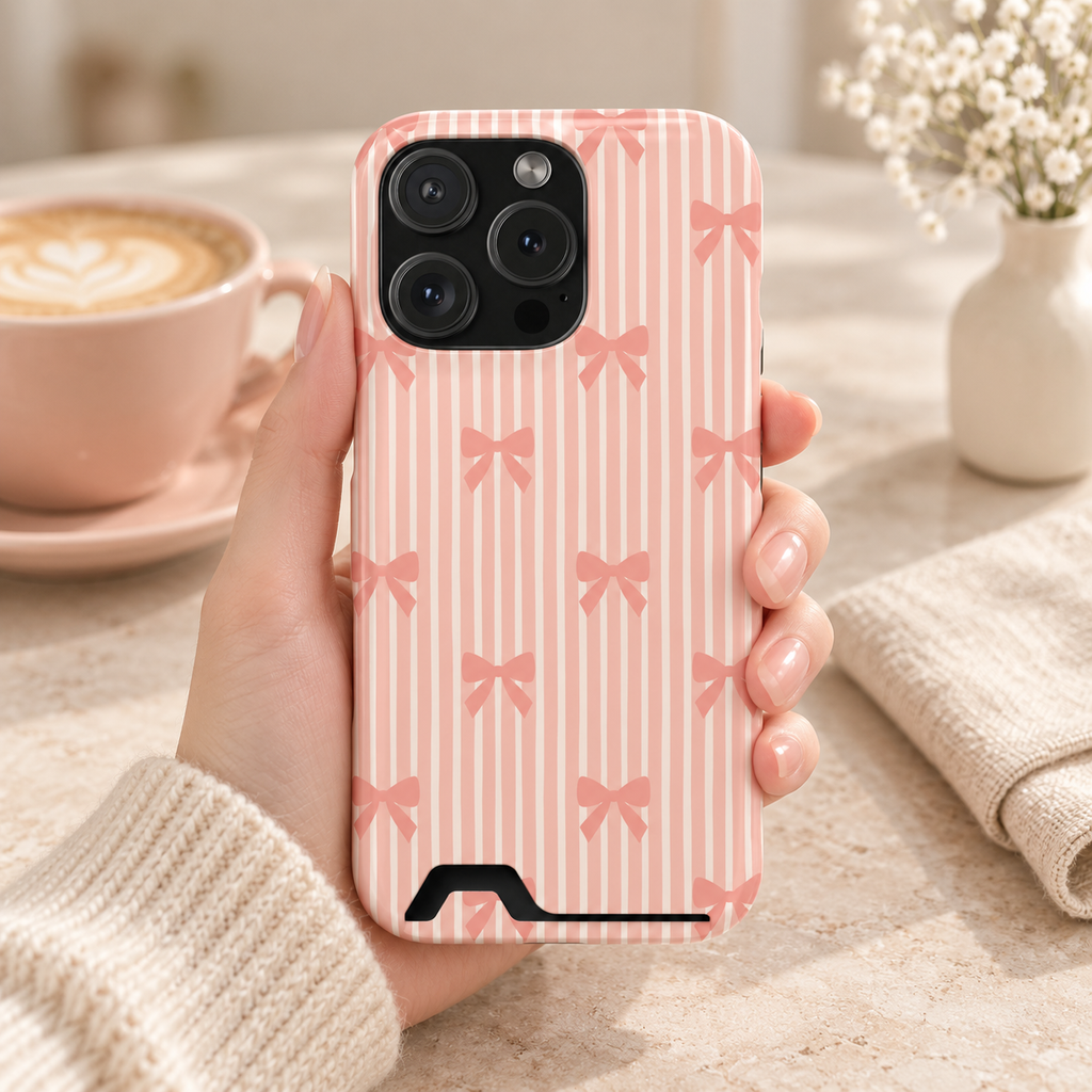 Peach Bow Stripe phone case with card holder, peach bows on soft peach stripes, lifestyle photo in hand with coffee