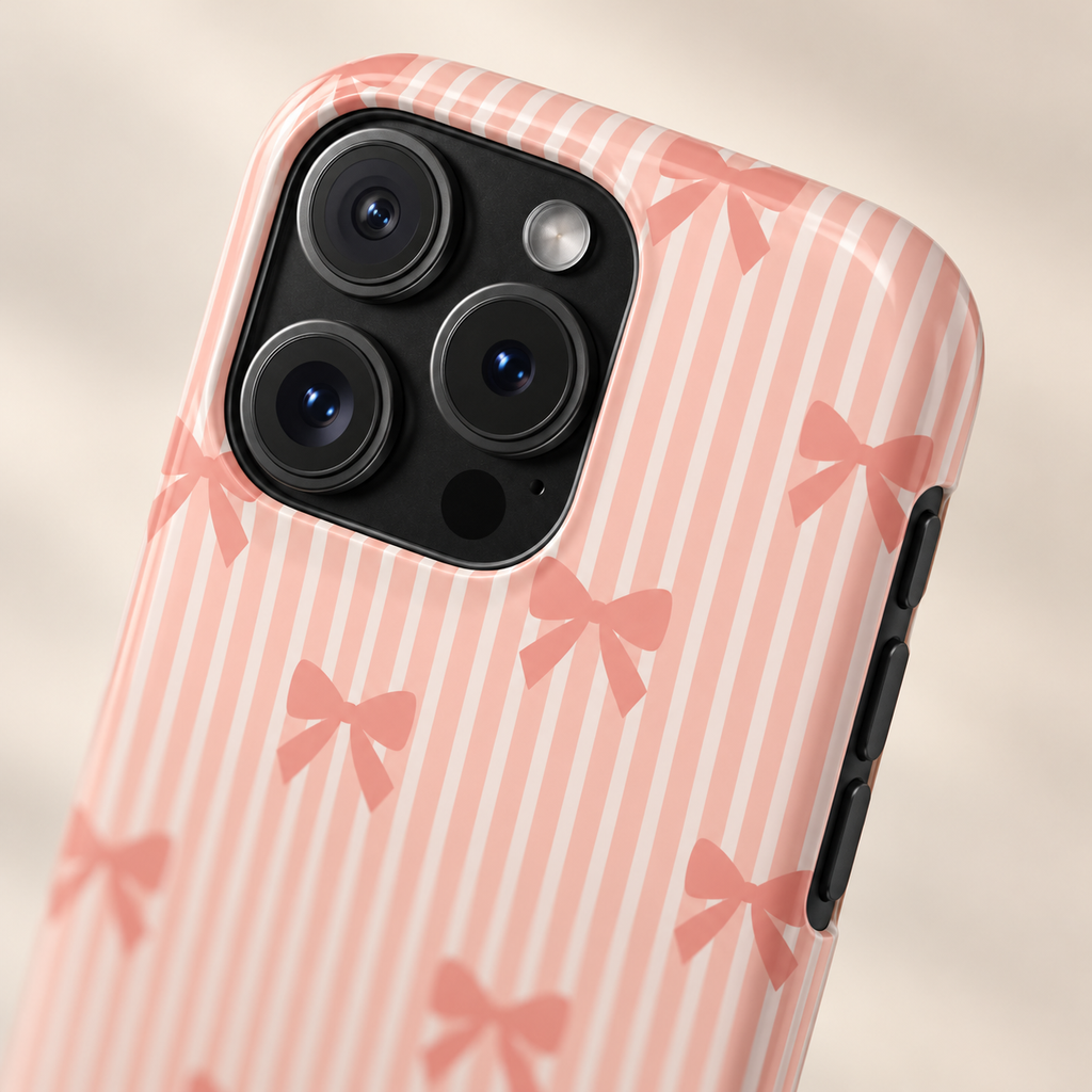Peach Bow Stripe phone case with card holder, peach bows on soft peach stripes, lifestyle close-up of the camera