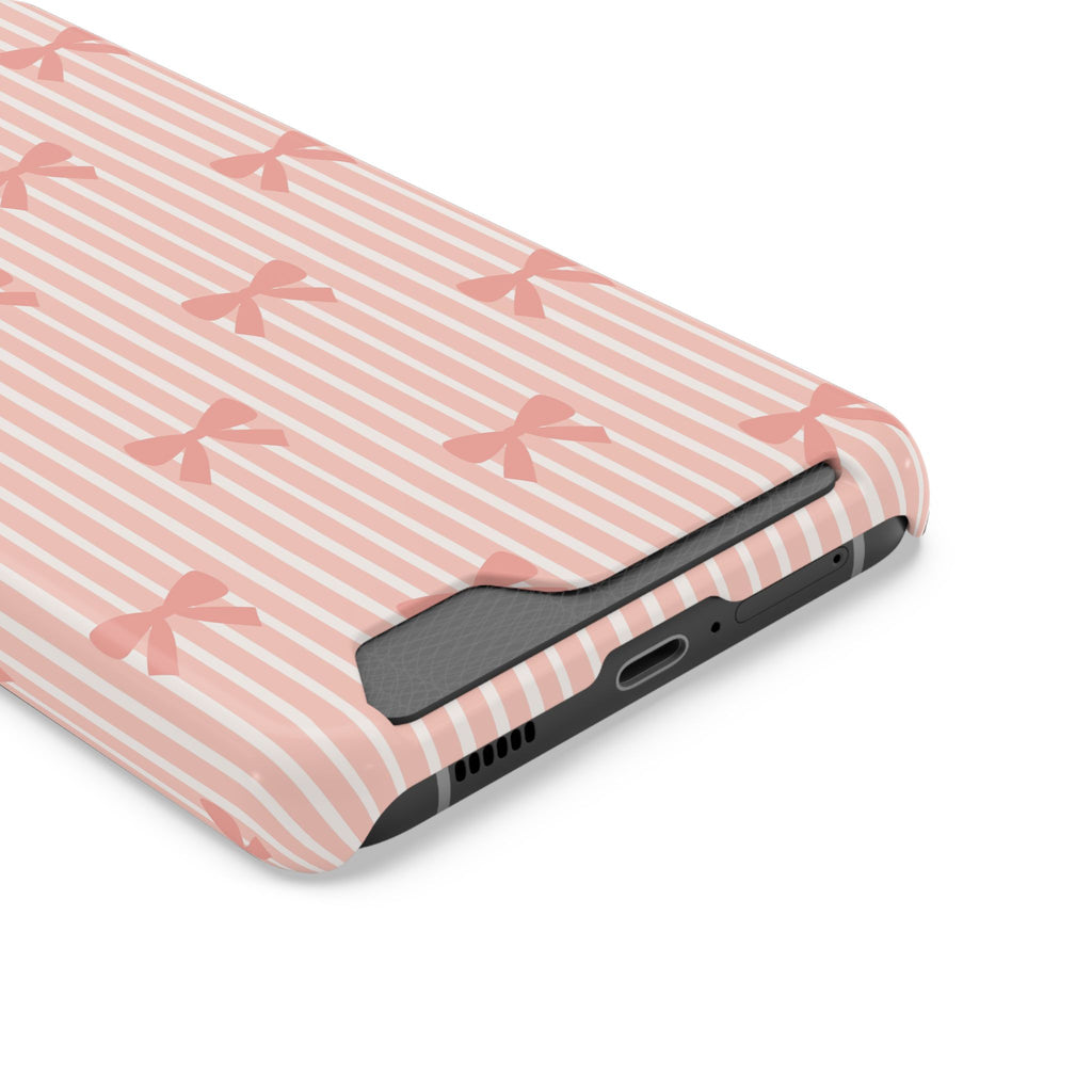 Peach Bow Stripe phone case with card holder, close-up of the card slot