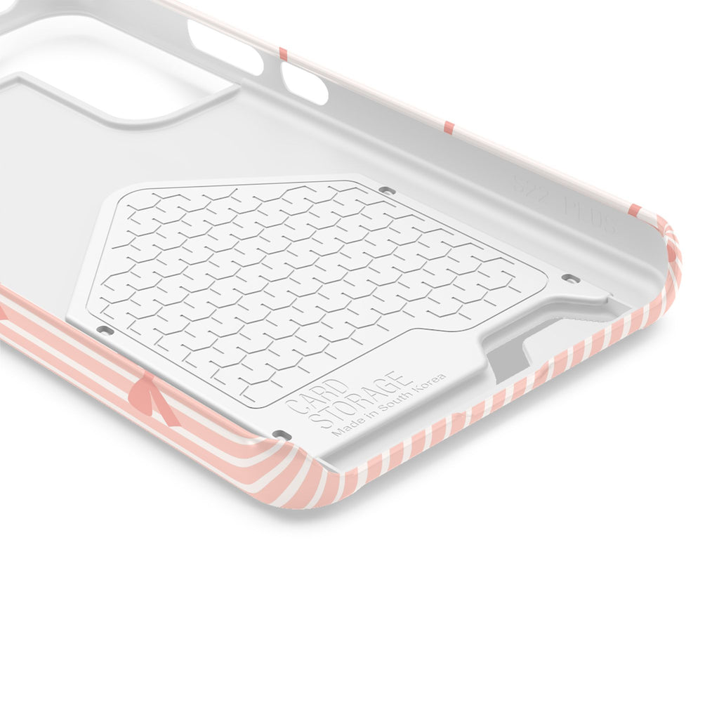 Peach Bow Stripe phone case with card holder, close-up of the inside