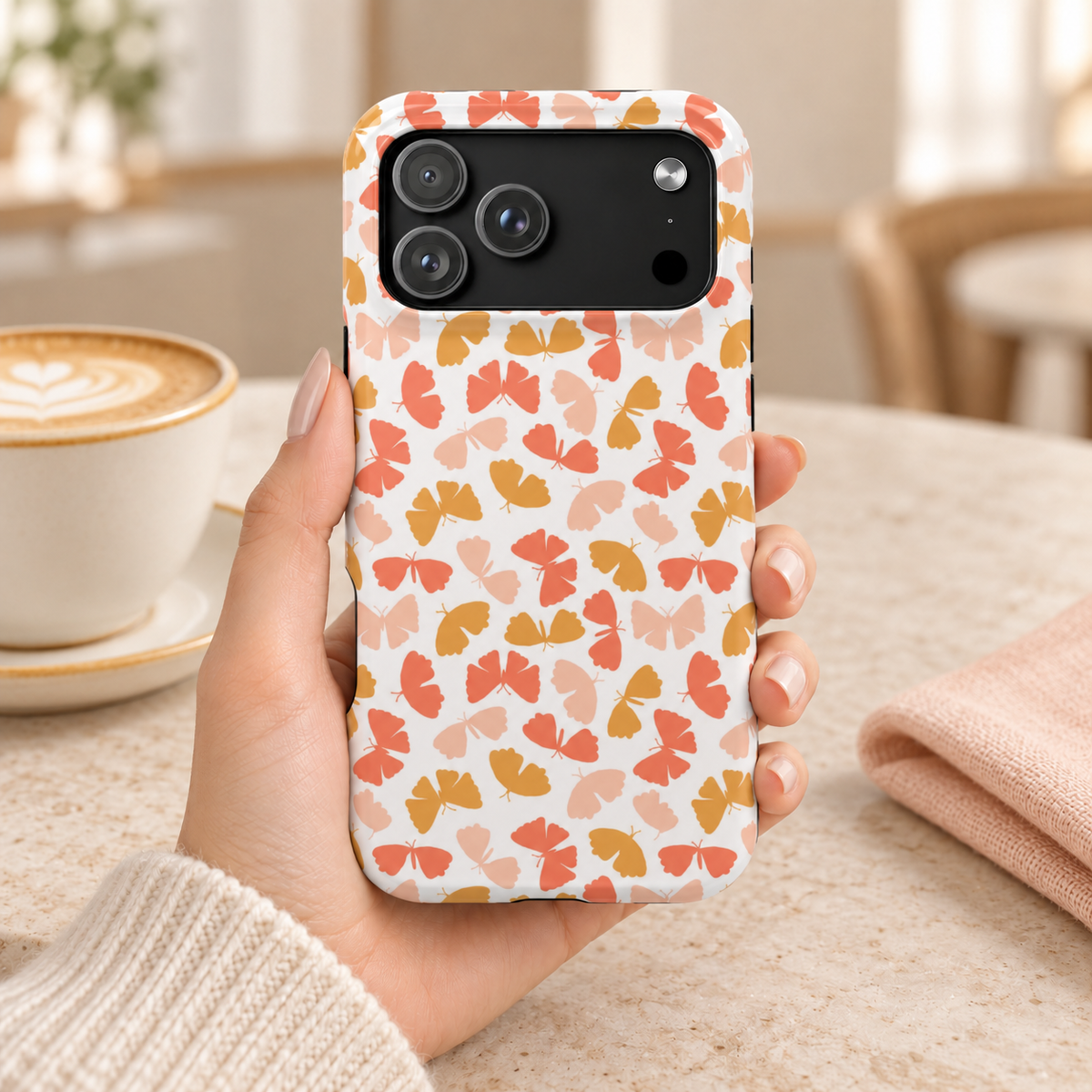Peach Butterfly protective phone case, little peach, coral and mustard butterflies on white, lifestyle photo in hand with coffee