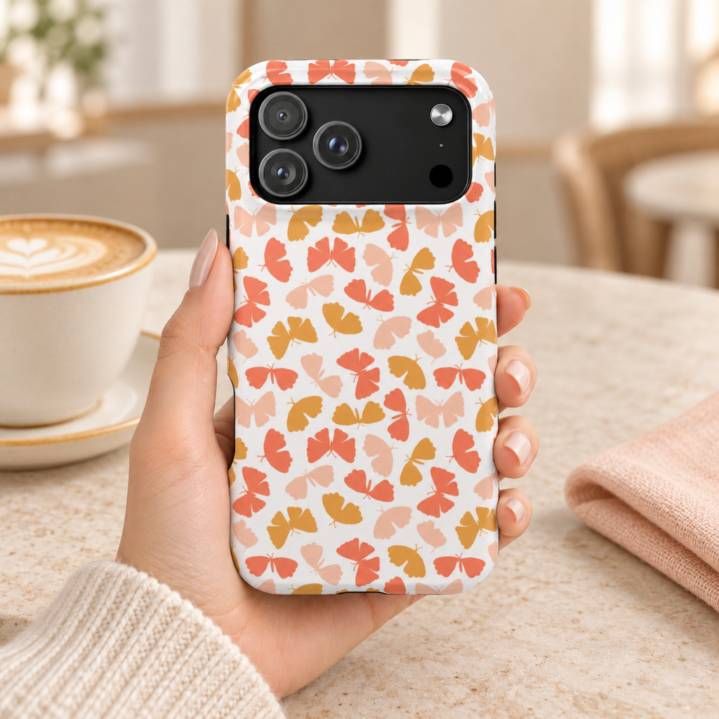 Peach Butterfly MagSafe case, little peach, coral and mustard butterflies on white, lifestyle photo in hand with coffee
