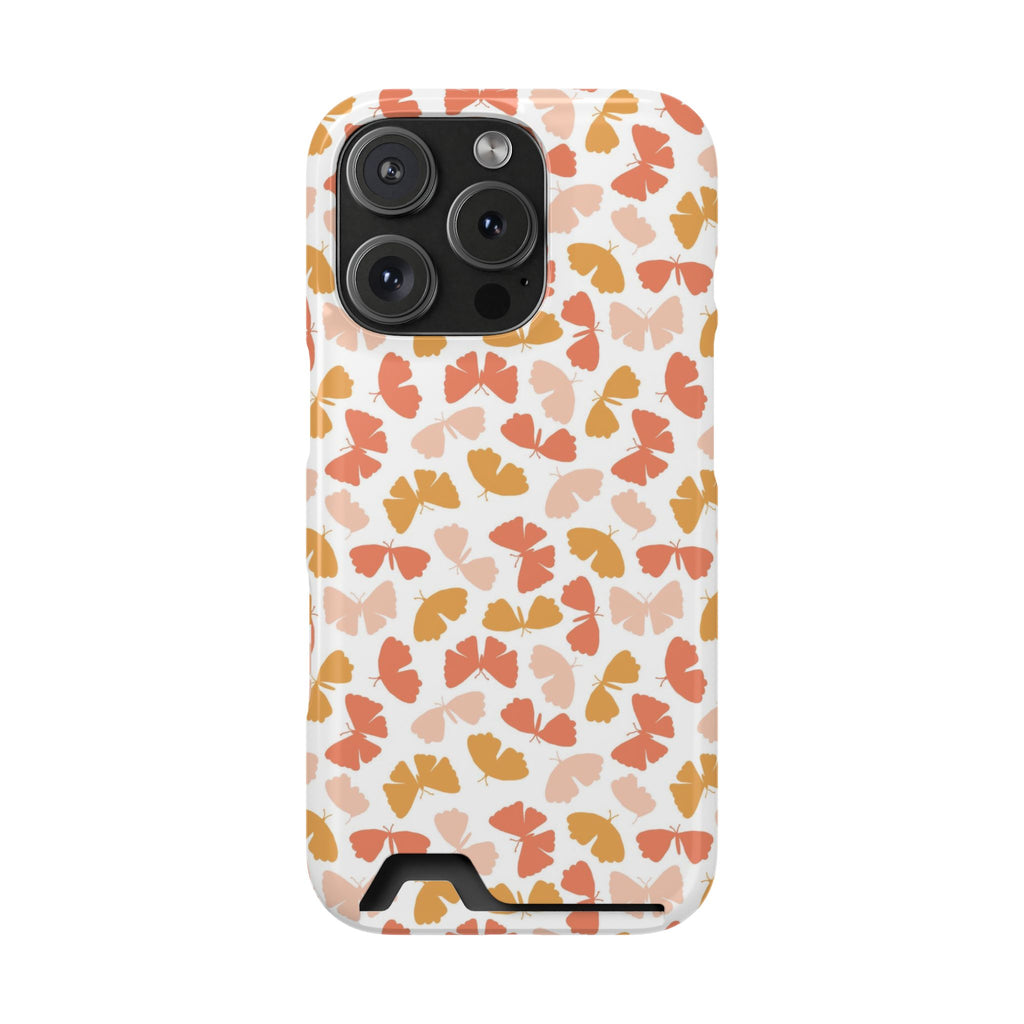 Peach Butterfly phone case with card holder for iPhone 16 Pro, glossy finish