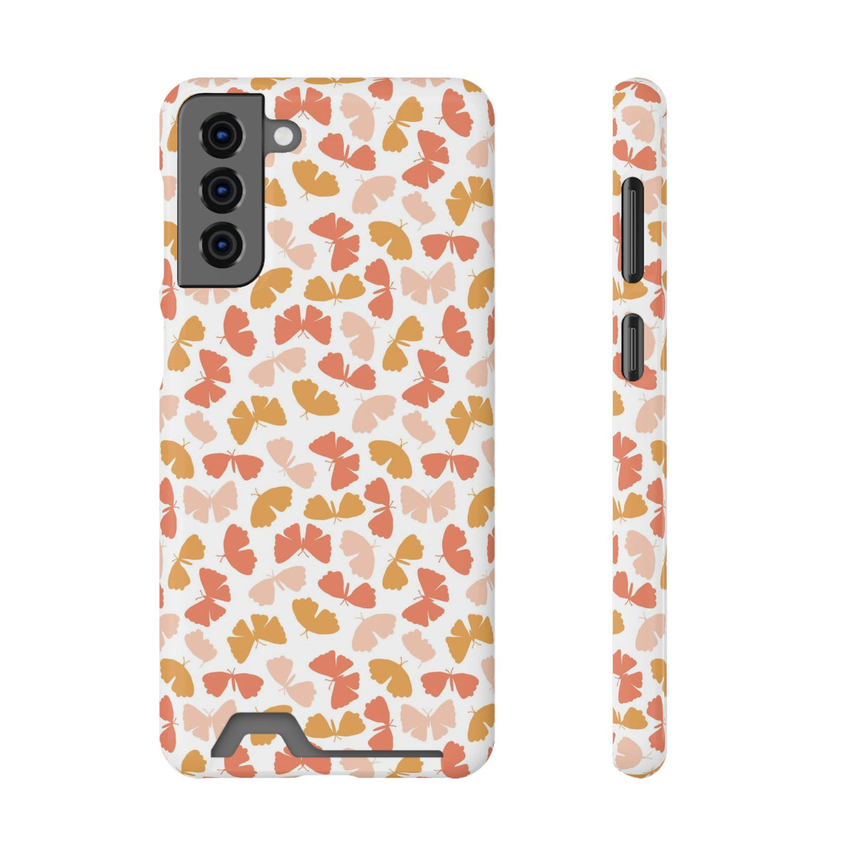 Peach Butterfly phone case with card holder for Samsung Galaxy S21 Plus, glossy finish