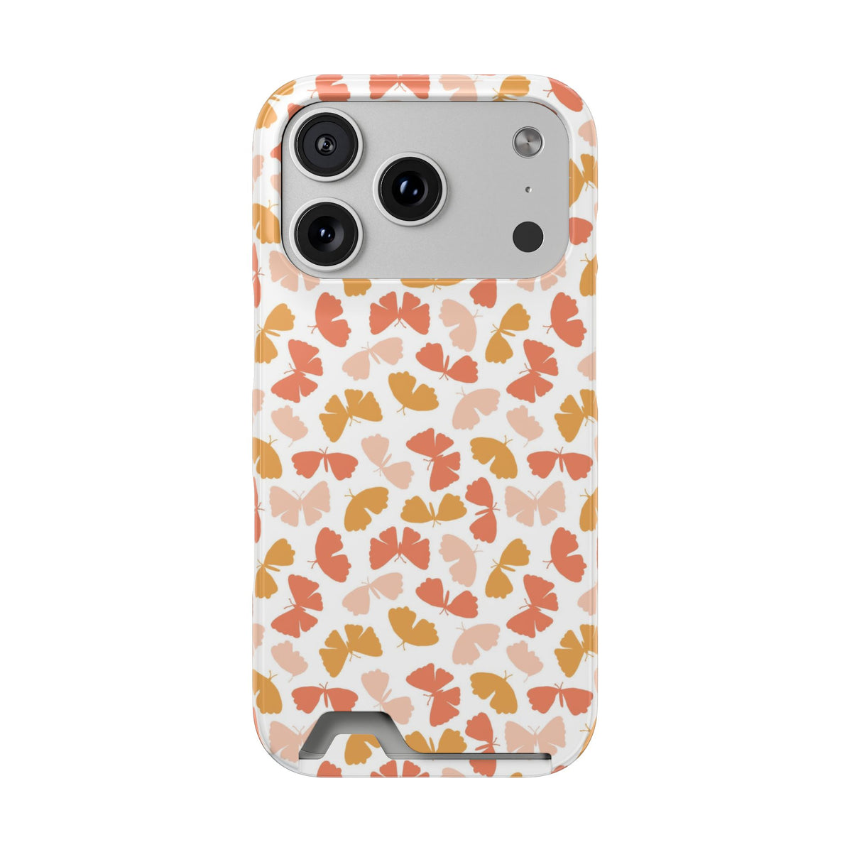 Peach Butterfly phone case with card holder for iPhone 17 Pro, glossy finish