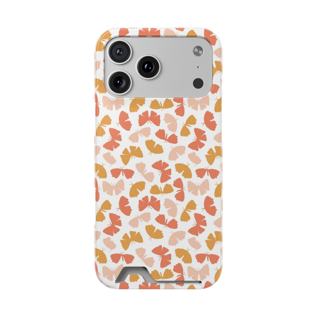 Peach Butterfly phone case with card holder for iPhone 17 Pro Max, glossy finish