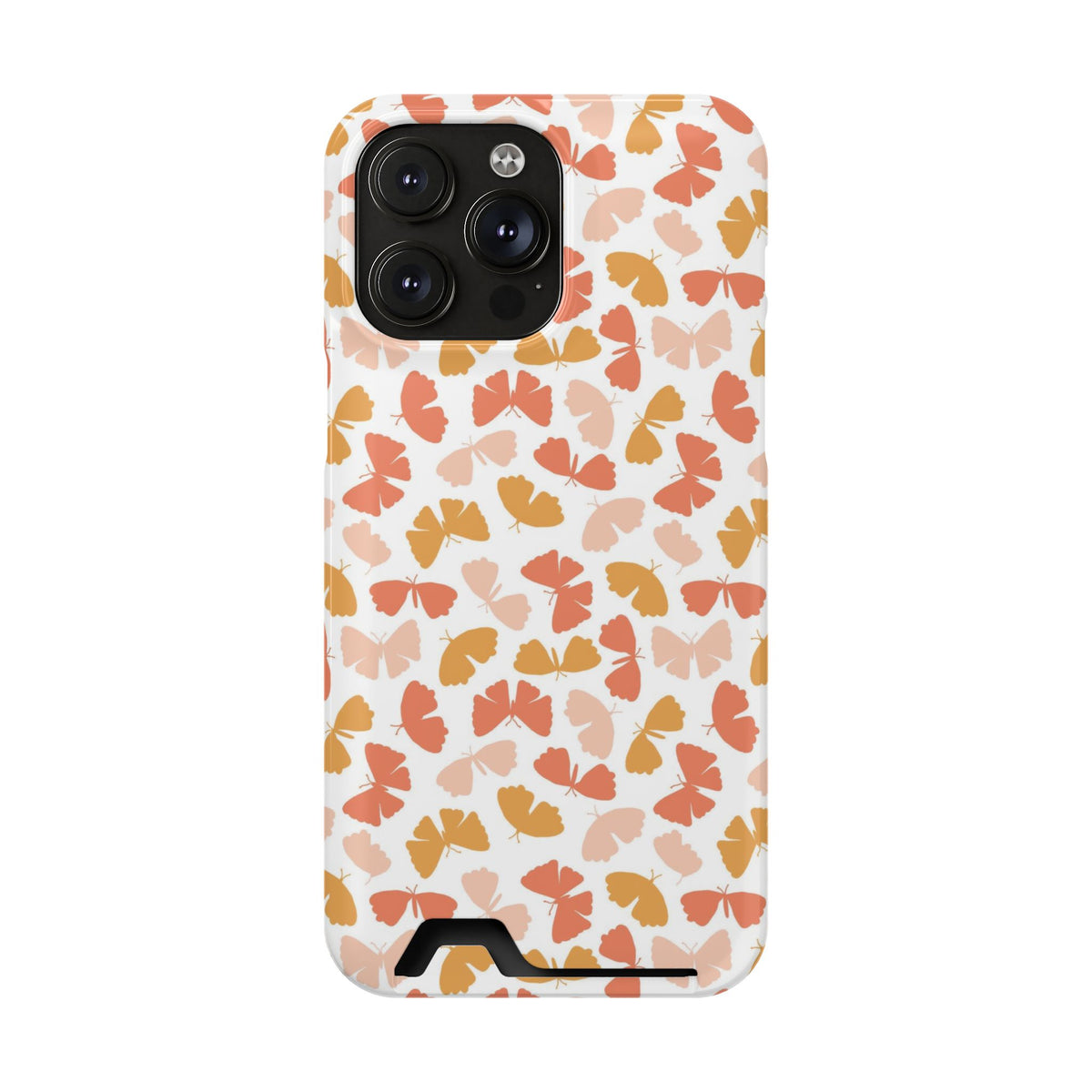 Peach Butterfly phone case with card holder for iPhone 14 Pro Max, glossy finish