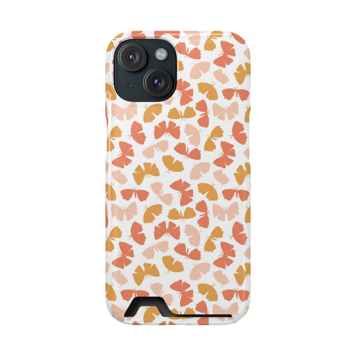 Peach Butterfly phone case with card holder for iPhone 15, glossy finish