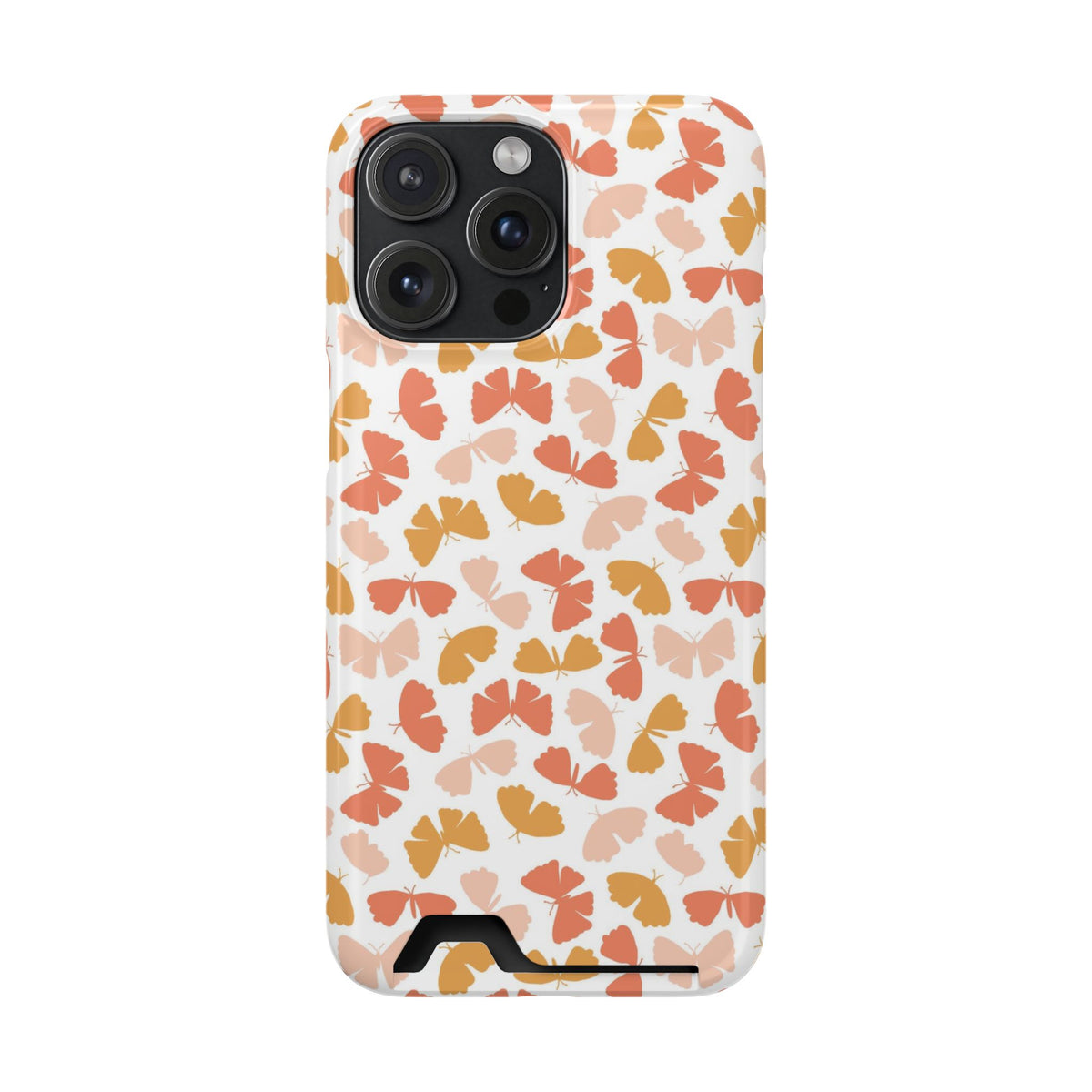 Peach Butterfly phone case with card holder for iPhone 15 Pro Max, glossy finish