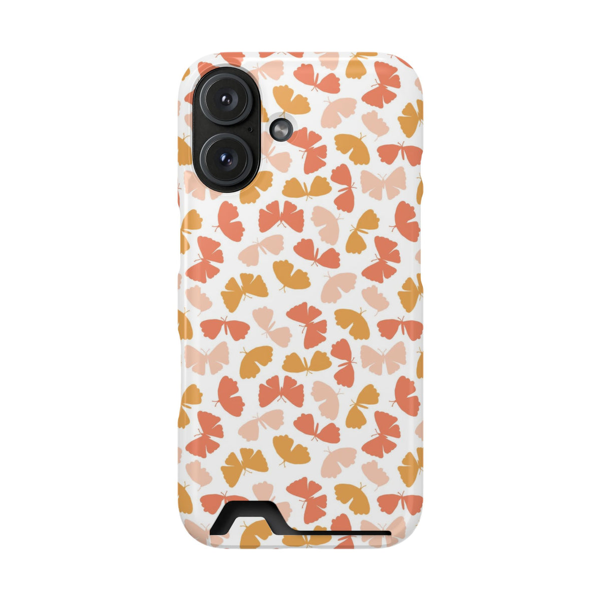 Peach Butterfly phone case with card holder for iPhone 16, glossy finish