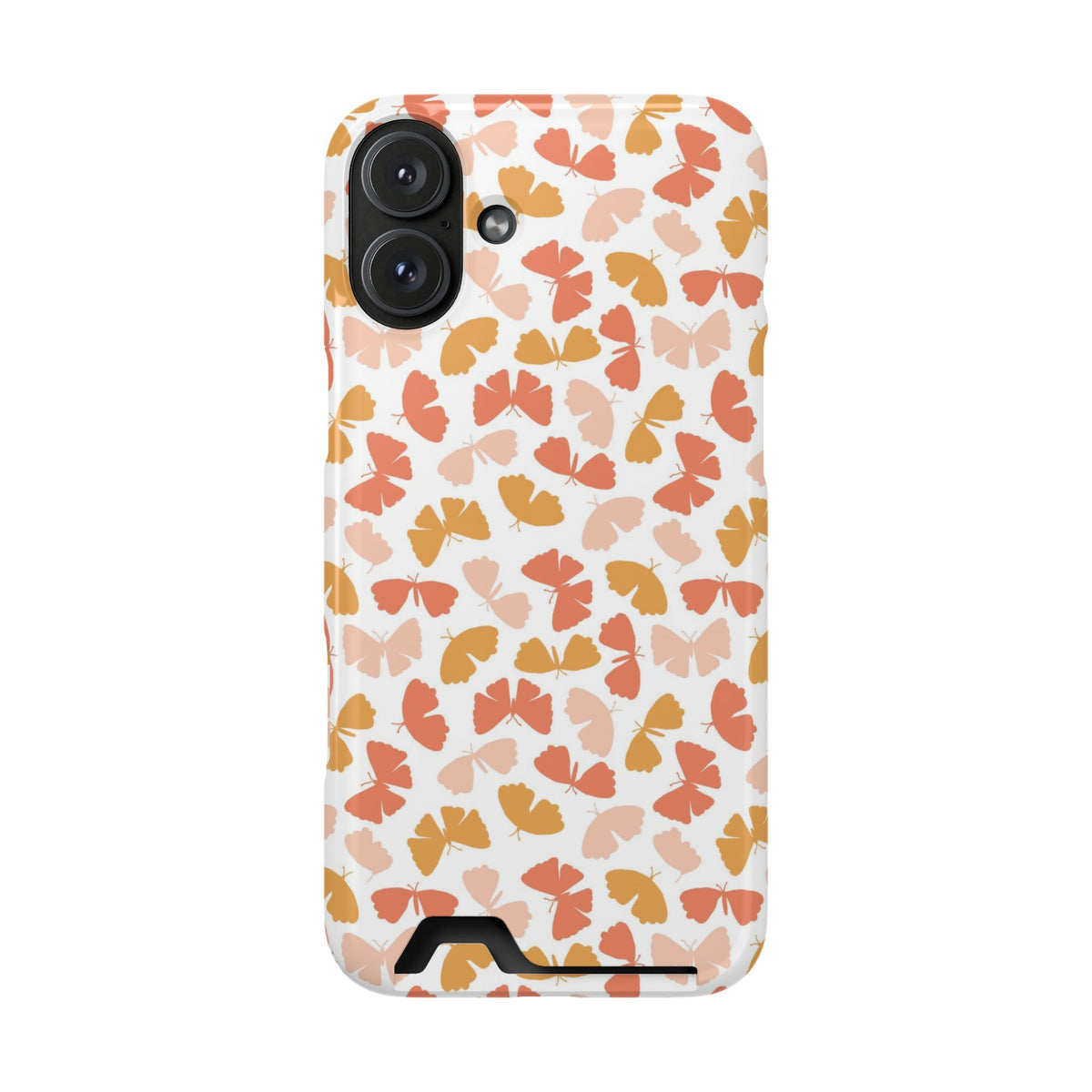 Peach Butterfly phone case with card holder for iPhone 16 Plus, glossy finish