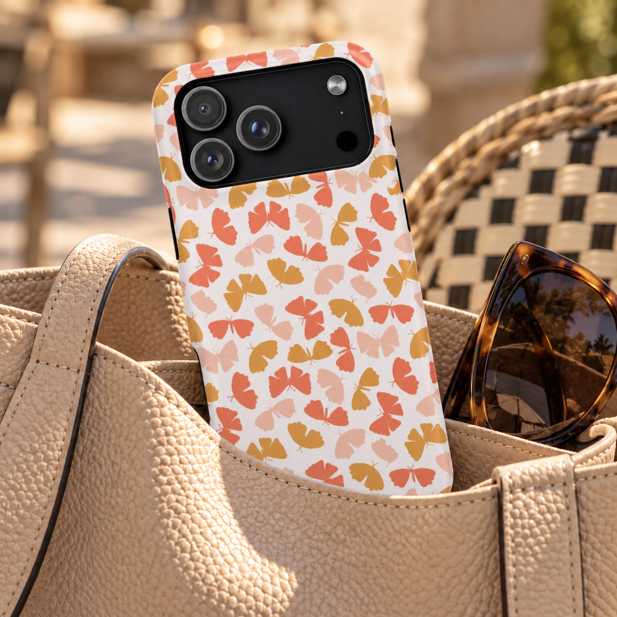 Peach Butterfly phone case with card holder, little peach, coral and mustard butterflies on white, lifestyle photo in a handbag