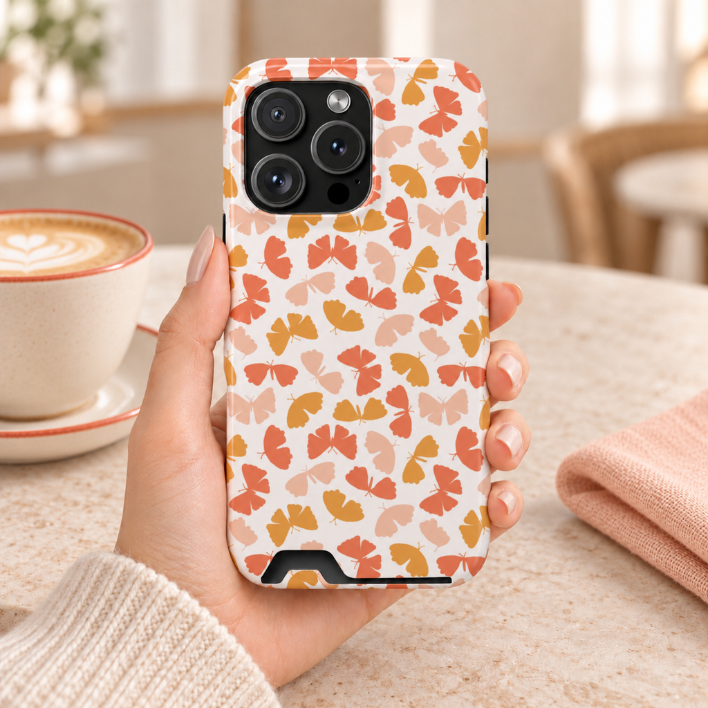 Peach Butterfly phone case with card holder, little peach, coral and mustard butterflies on white, lifestyle photo in hand with coffee