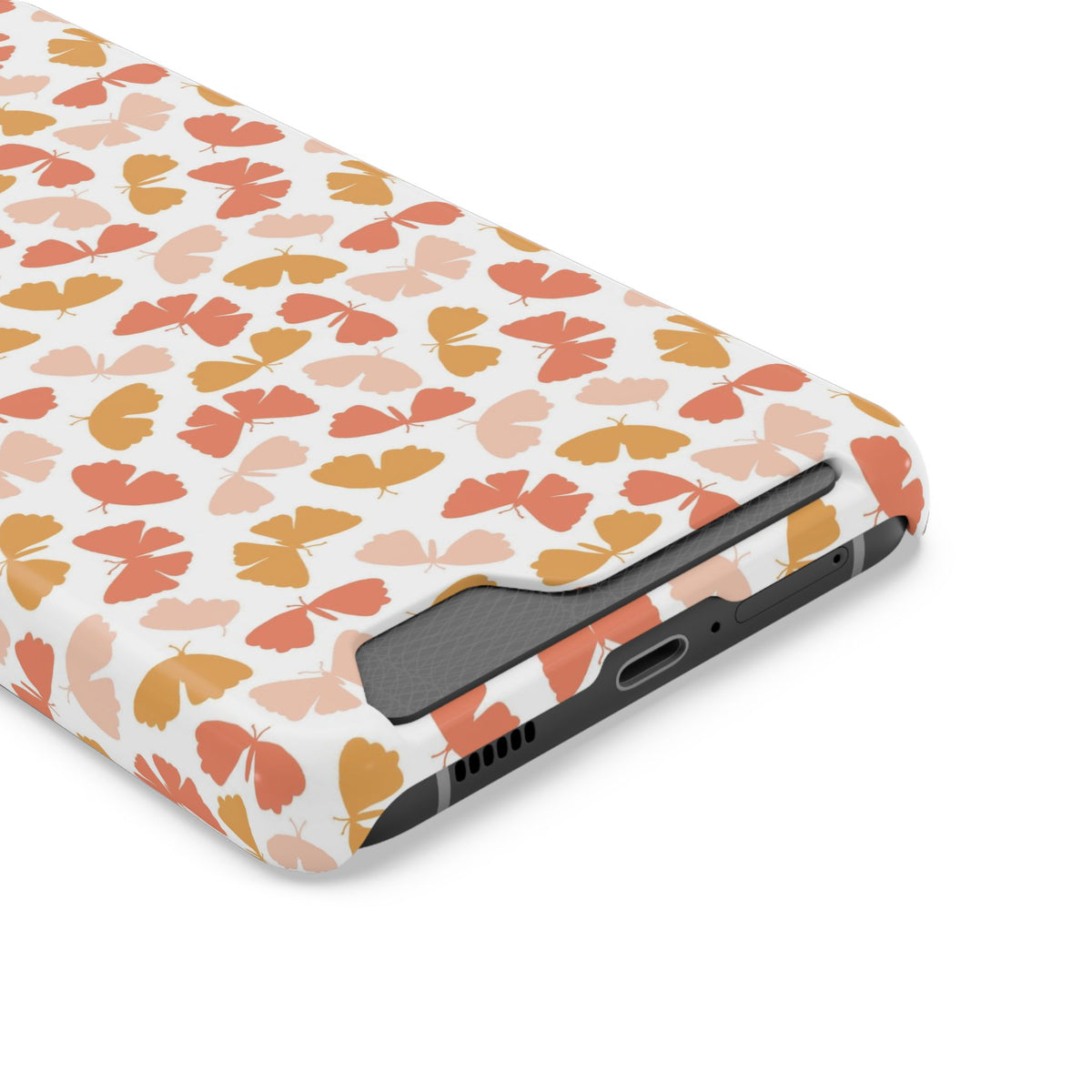 Peach Butterfly phone case with card holder, close-up of the card slot