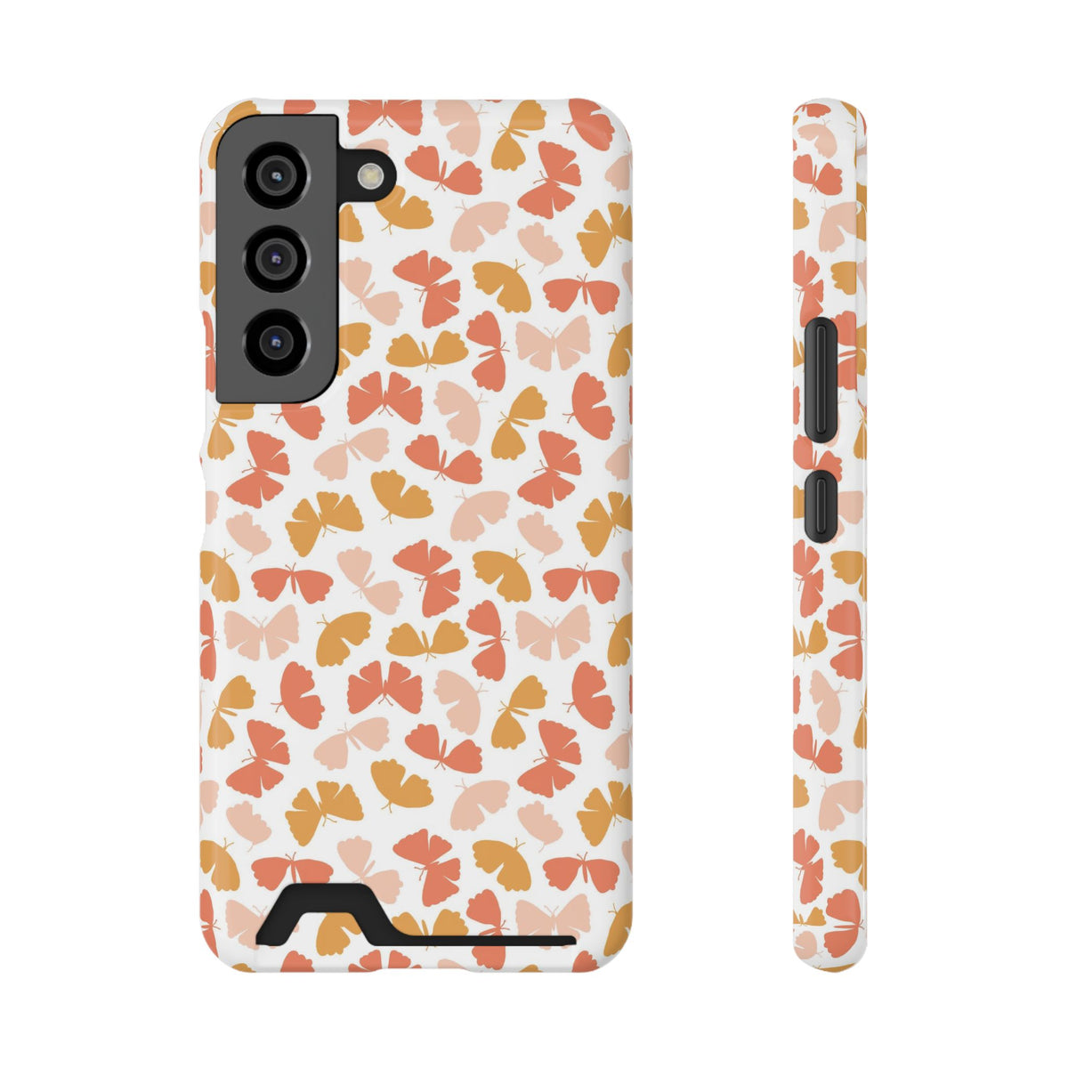 Peach Butterfly phone case with card holder for Samsung Galaxy S22, glossy finish
