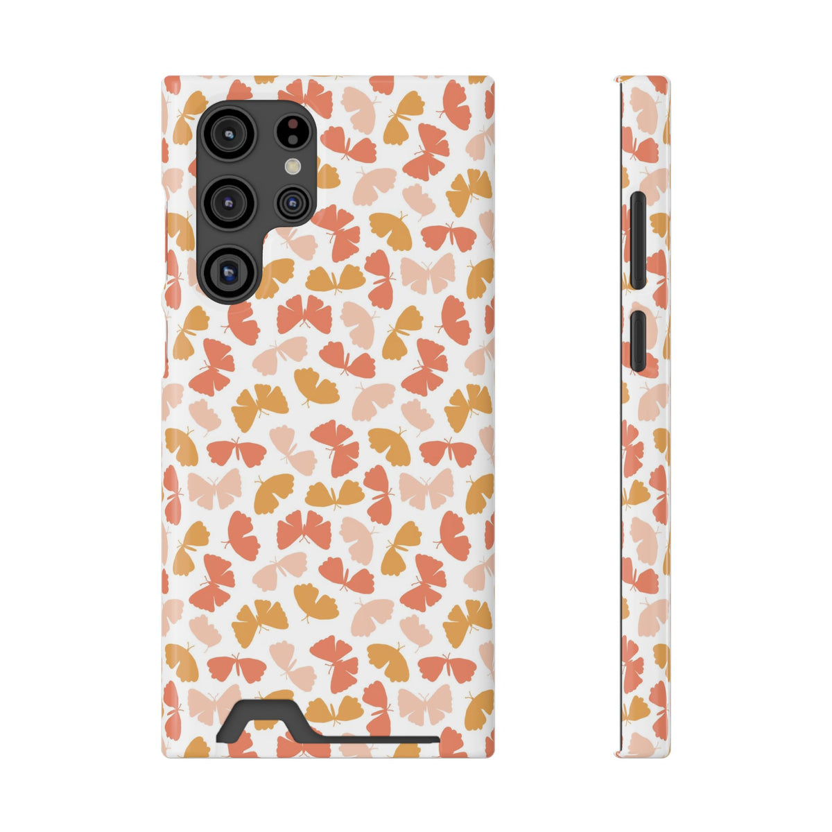 Peach Butterfly phone case with card holder for Samsung Galaxy S22 Ultra, glossy finish