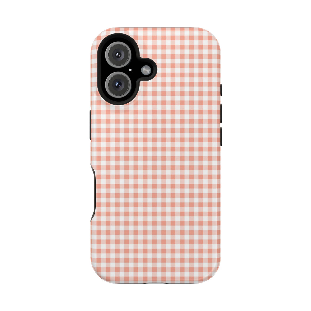 Peach Gingham protective phone case for iPhone 16, glossy finish