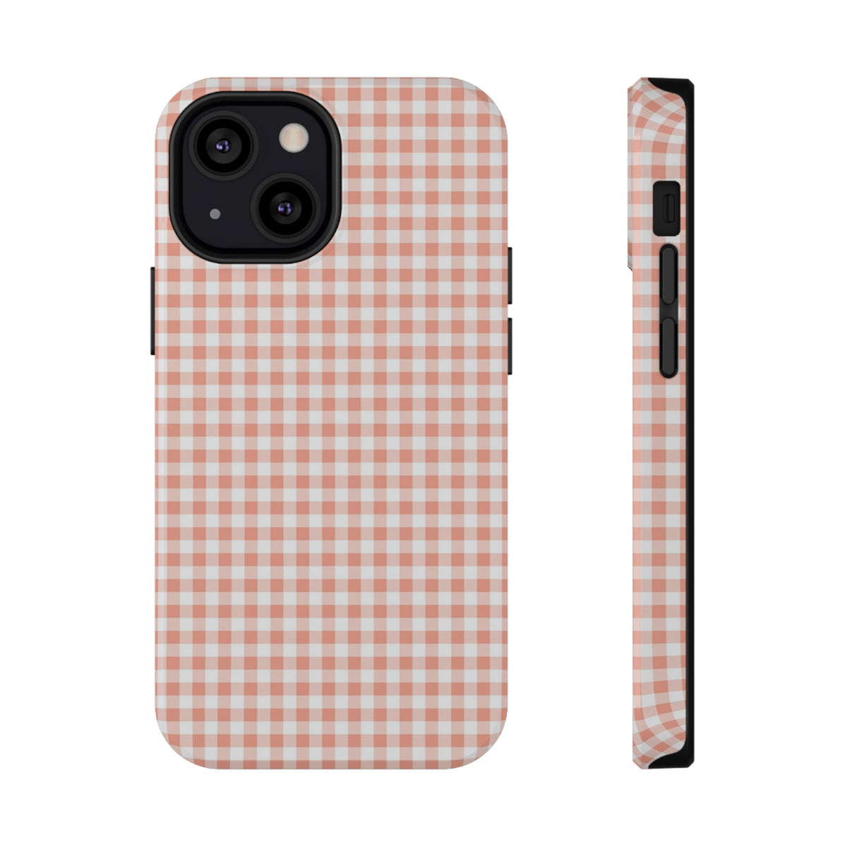 Peach Gingham protective phone case for iPhone 13 Mini, glossy finish