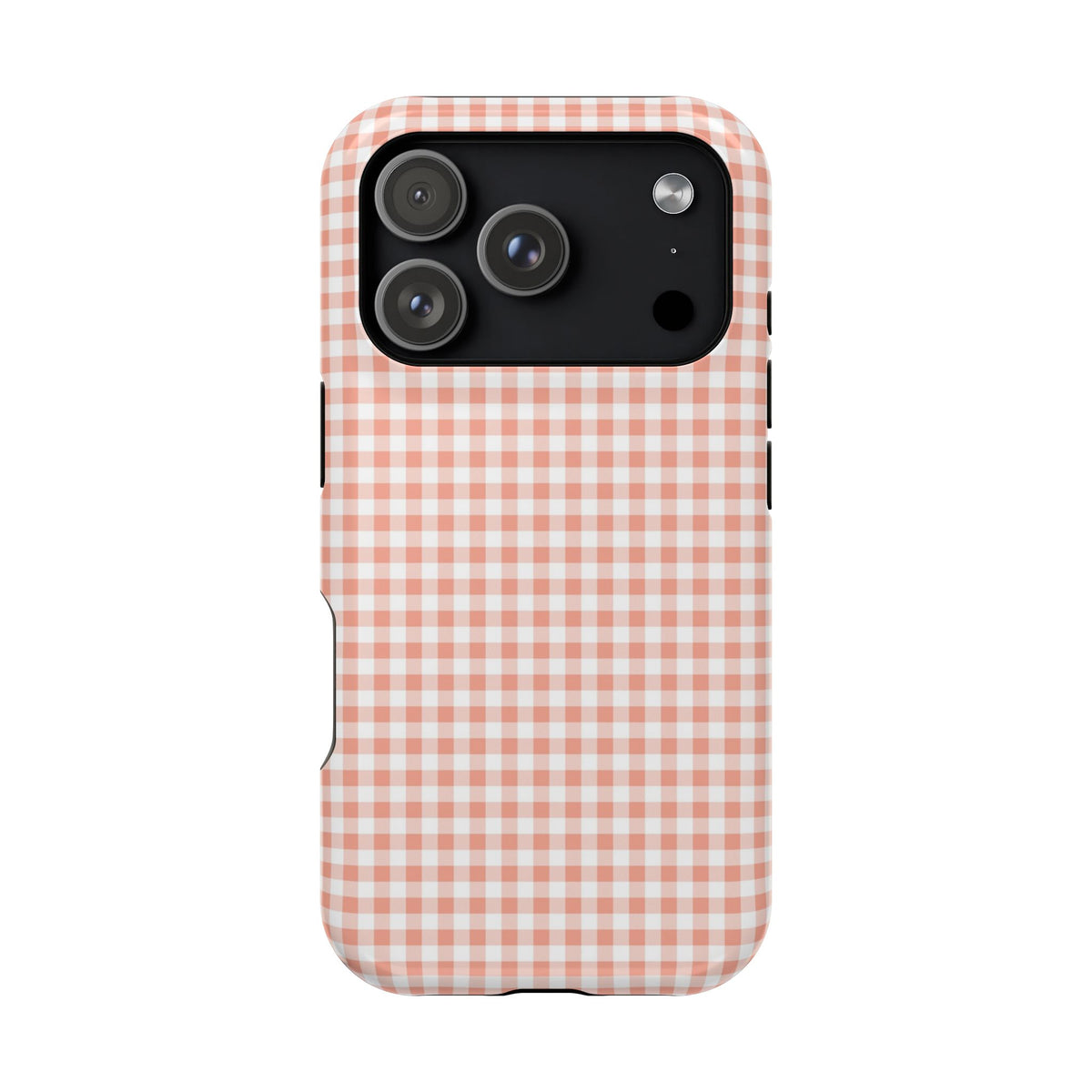 Peach Gingham protective phone case for iPhone 17 Pro, glossy finish