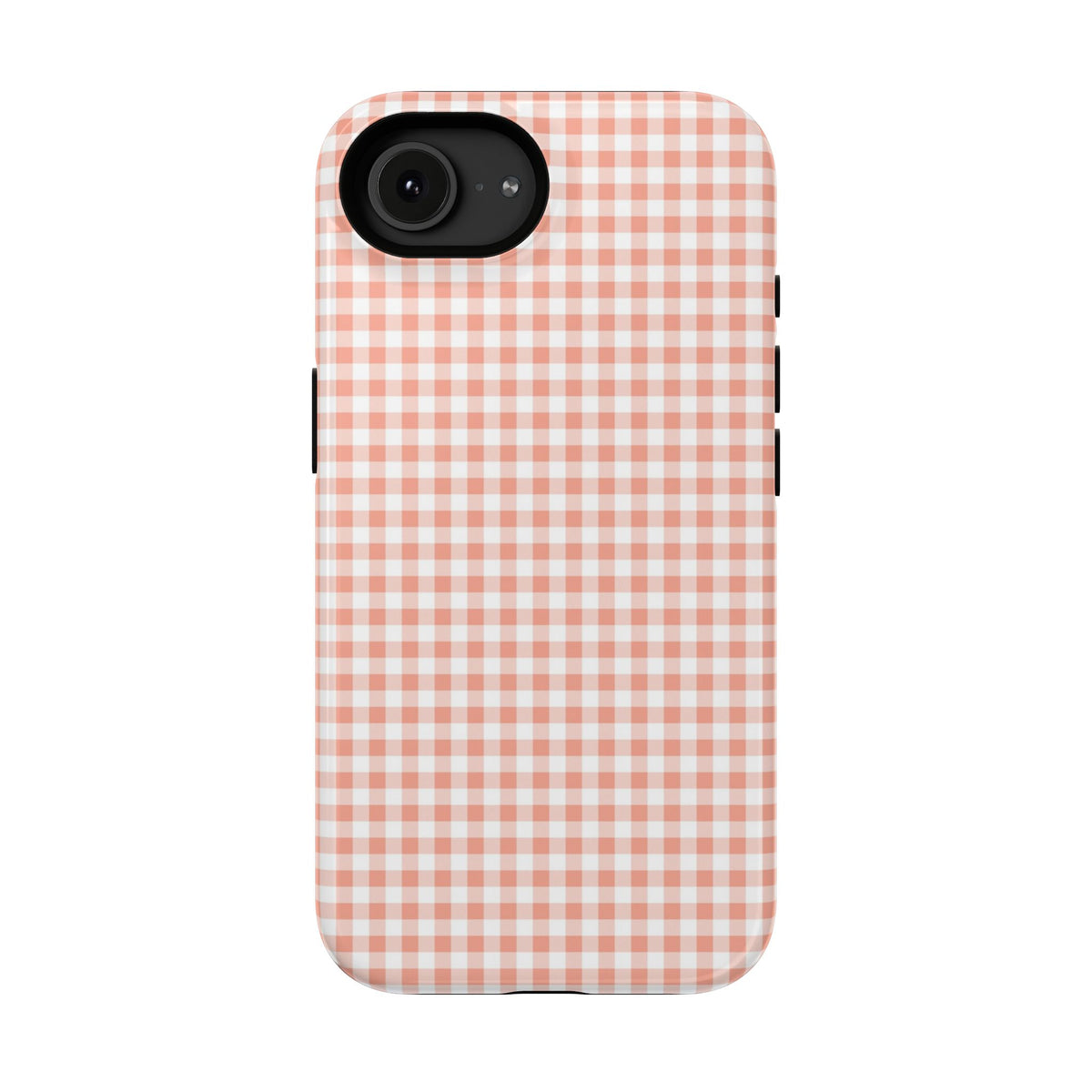 Peach Gingham protective phone case for iPhone 16e, glossy finish