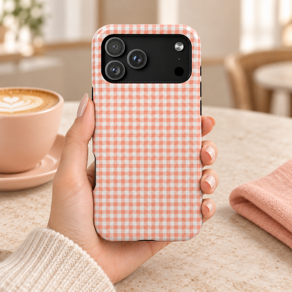 Peach Gingham protective phone case, peach gingham checks, lifestyle photo in hand with coffee