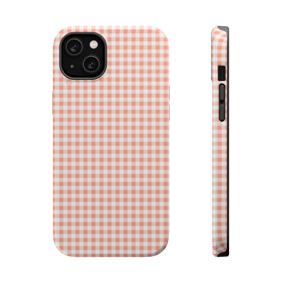 Peach Gingham MagSafe case for iPhone 14 Plus, glossy finish