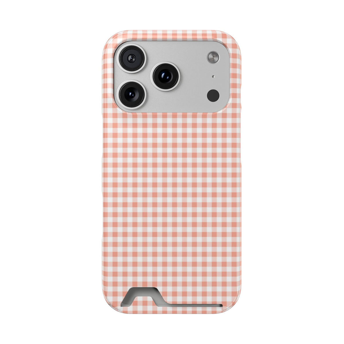 Peach Gingham phone case with card holder for iPhone 17 Pro, glossy finish