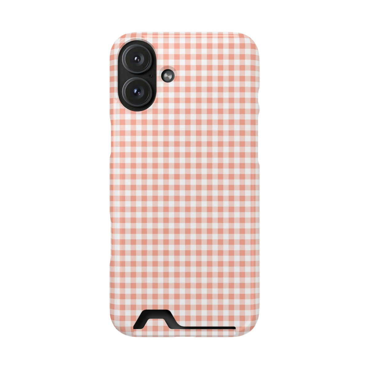 Peach Gingham phone case with card holder for iPhone 16 Plus, glossy finish