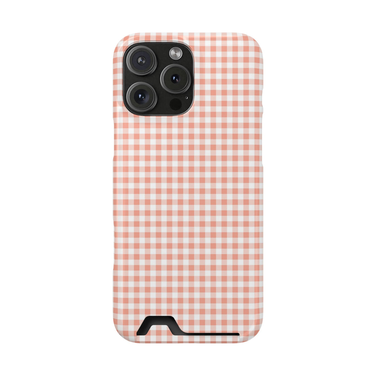 Peach Gingham phone case with card holder for iPhone 16 Pro Max, glossy finish