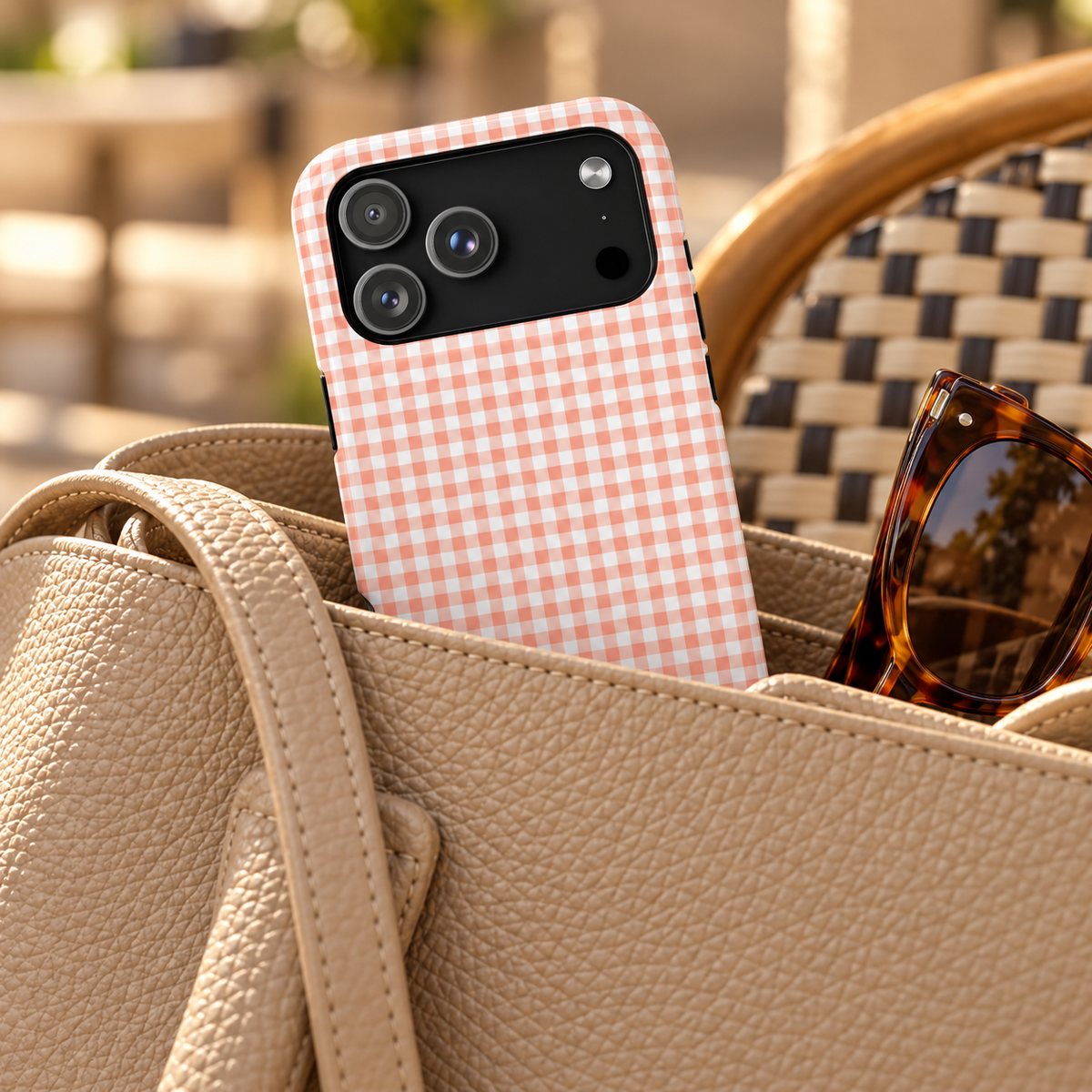 Peach Gingham phone case with card holder, peach gingham checks, lifestyle photo in a handbag