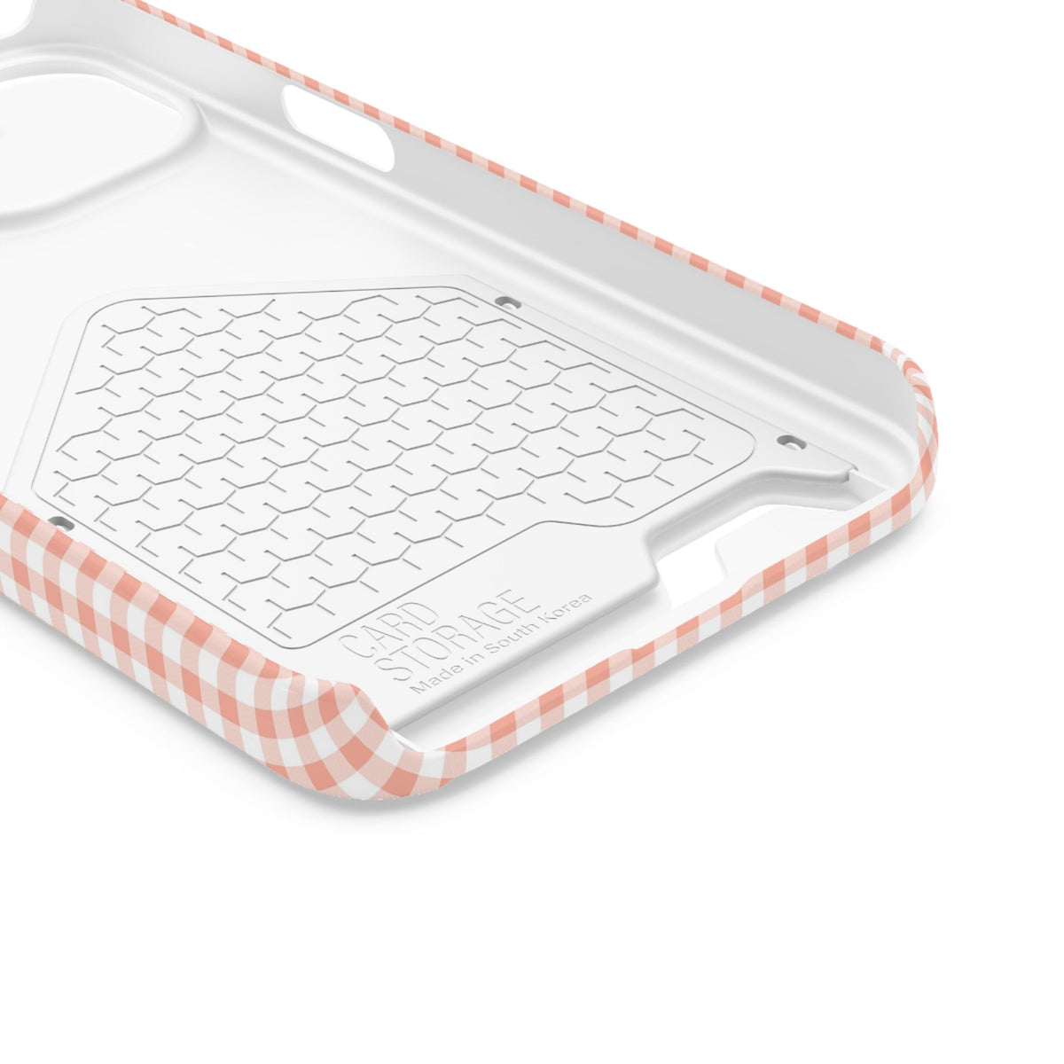 Peach Gingham phone case with card holder for iPhone 13, glossy finish