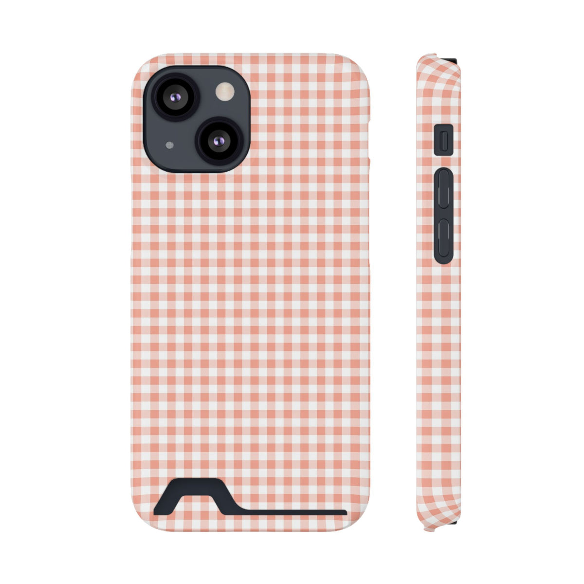 Peach Gingham phone case with card holder for iPhone 13 Mini, glossy finish