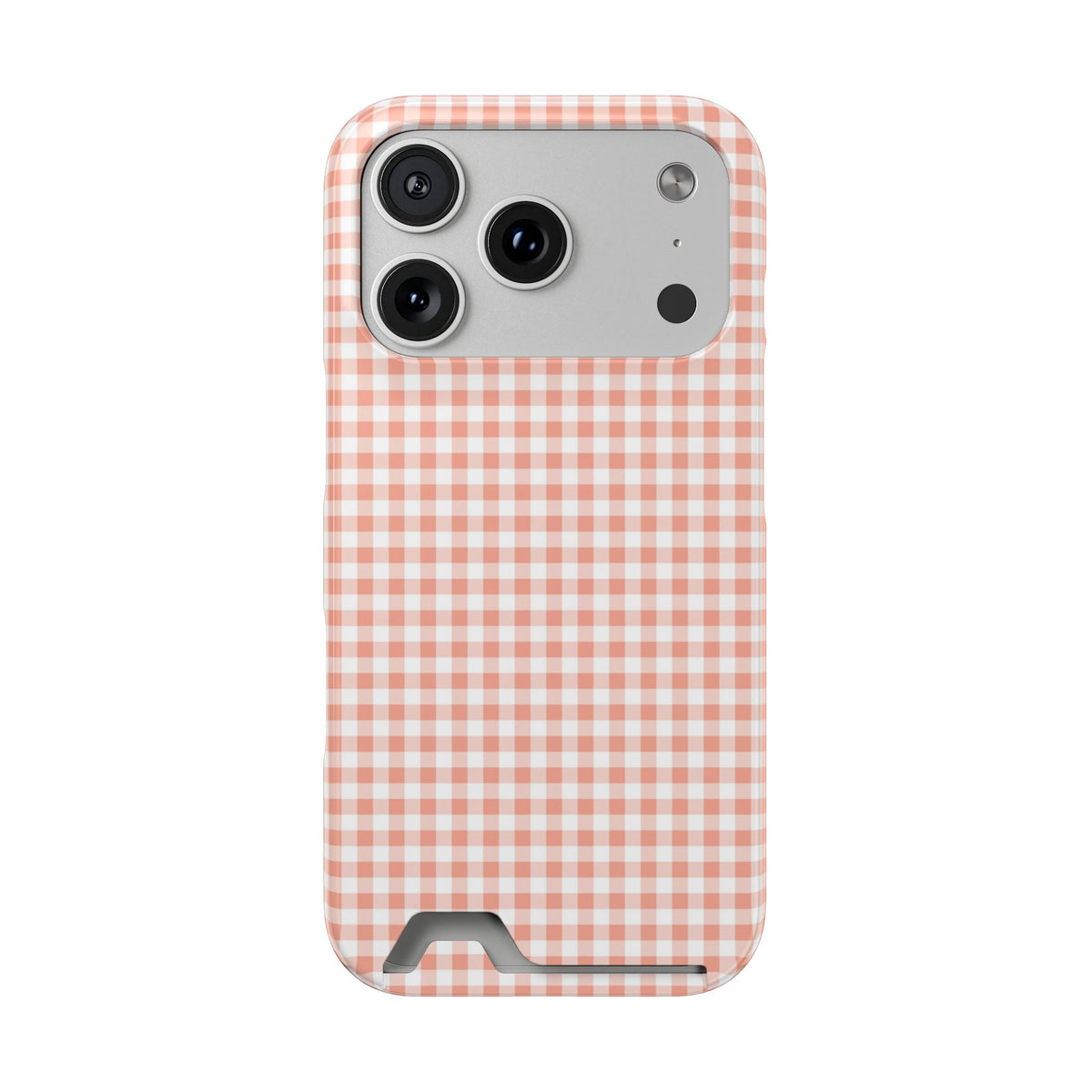 Peach Gingham phone case with card holder for iPhone 18 Pro, glossy finish