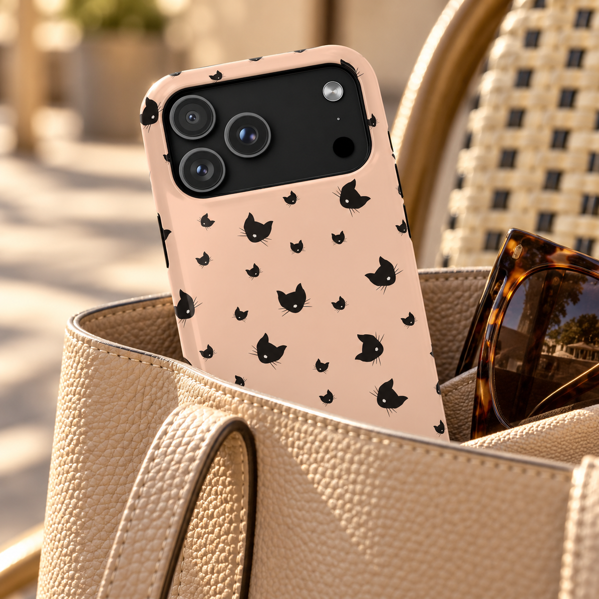 Peach Kitty protective phone case, little black cats on peach, lifestyle photo in a handbag