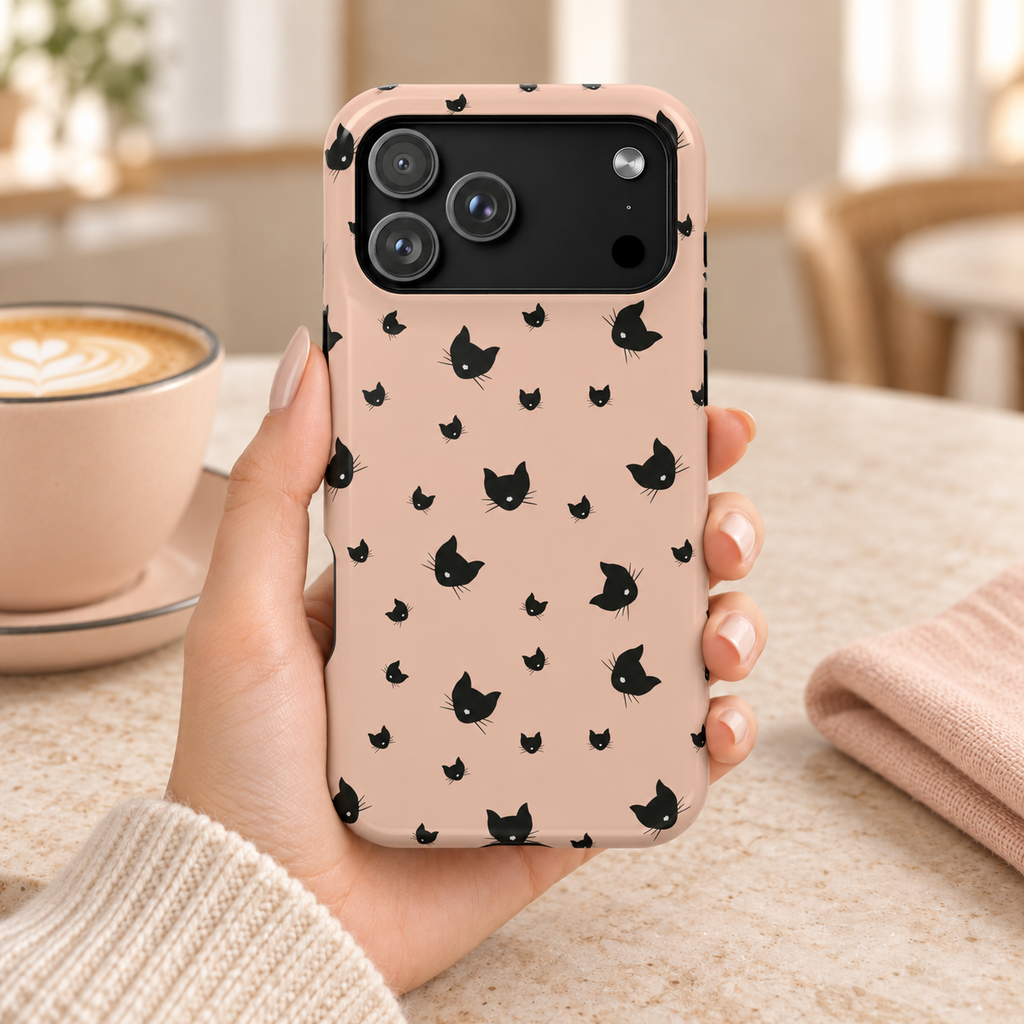 Peach Kitty protective phone case, little black cats on peach, lifestyle photo in hand with coffee