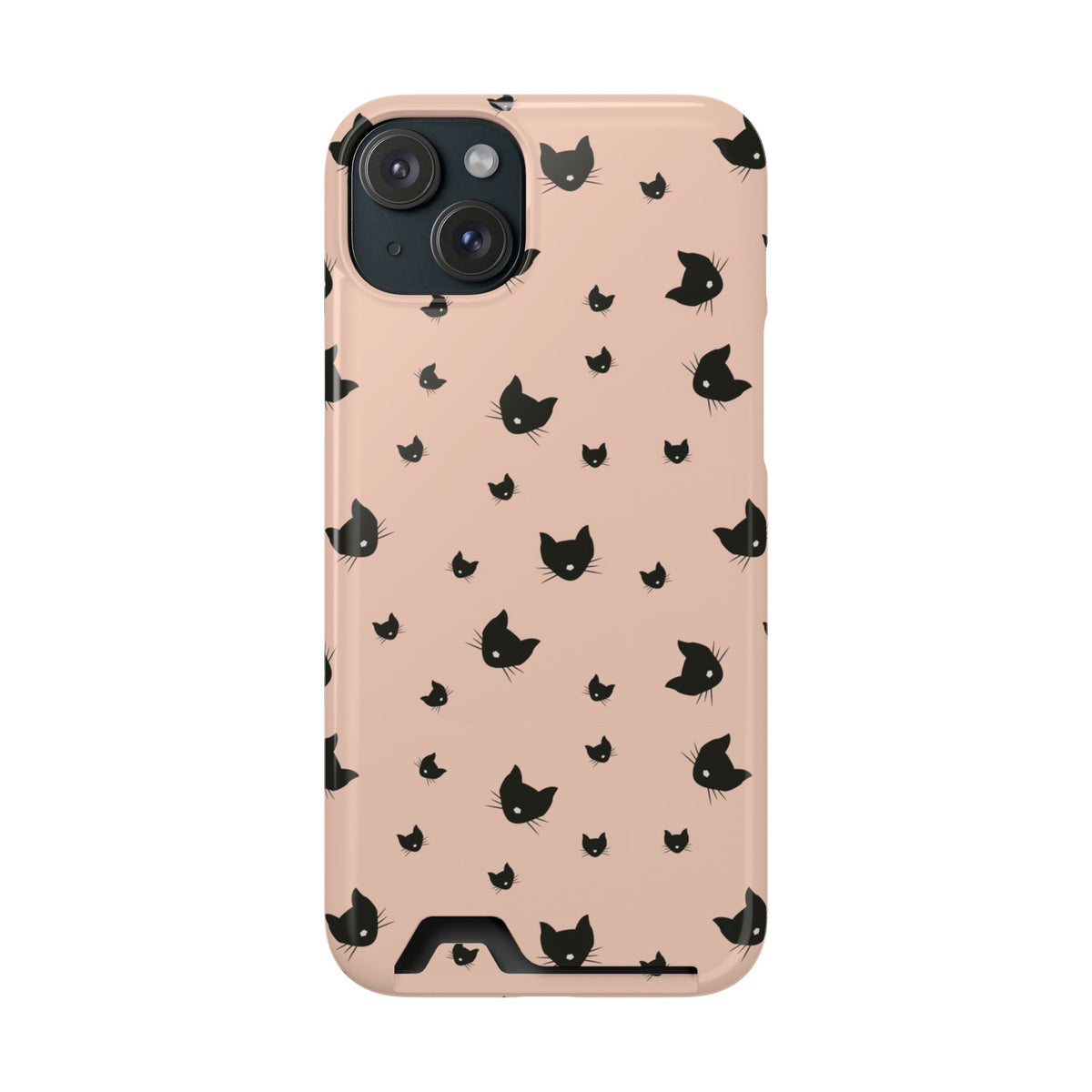 Peach Kitty phone case with card holder for iPhone 15 Plus, glossy finish