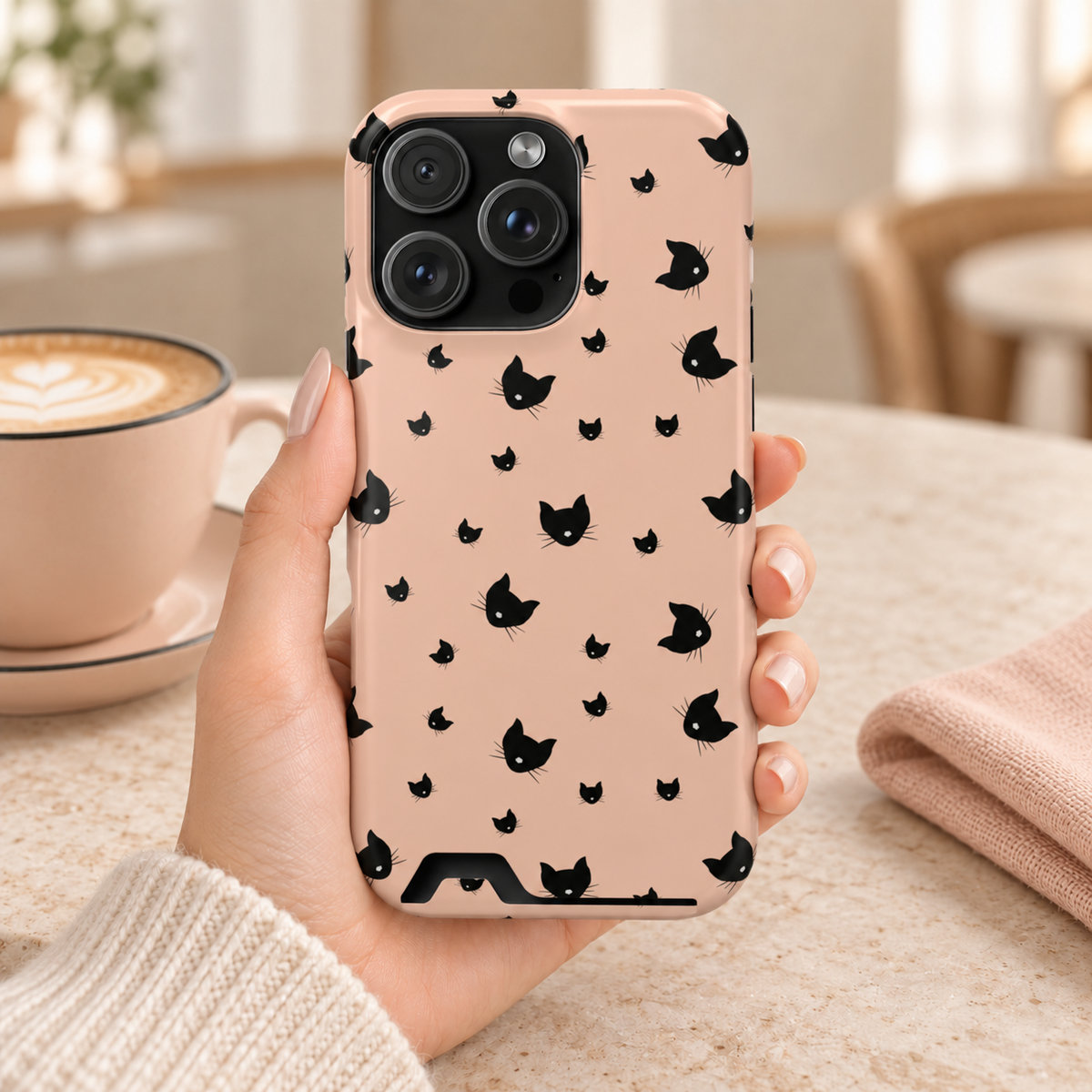 Peach Kitty phone case with card holder, little black cats on peach, lifestyle photo in hand with coffee