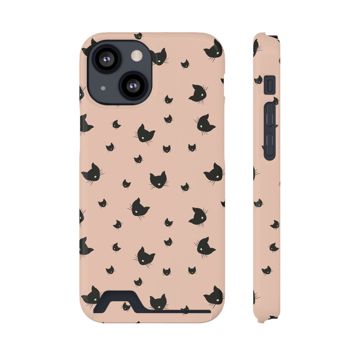 Peach Kitty phone case with card holder for iPhone 13 Mini, glossy finish