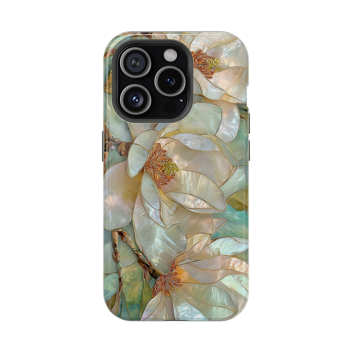 Pearl Magnolia protective phone case for iPhone 15 Pro, glossy finish