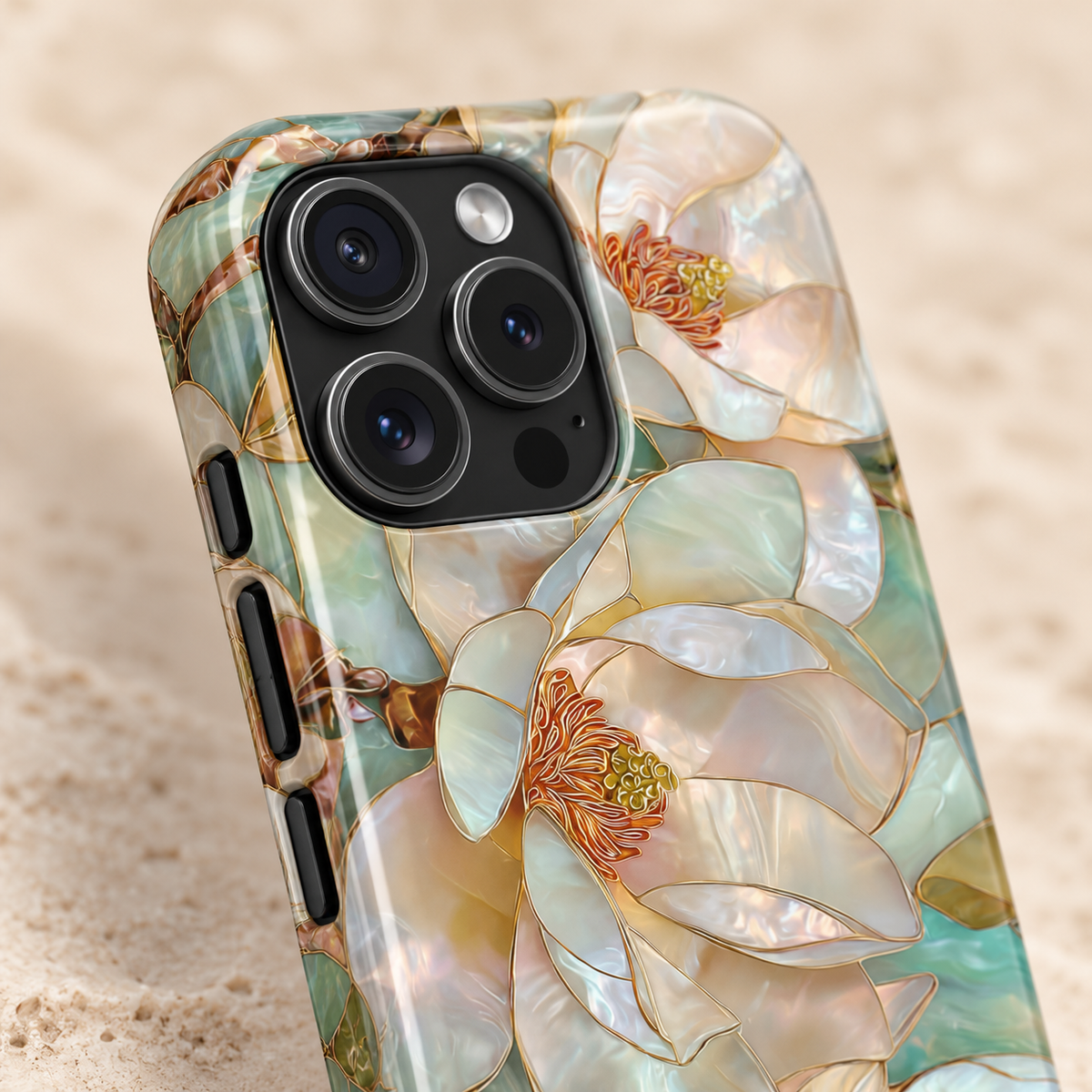 Pearl Magnolia protective phone case, pearly magnolias in soft teal and cream, lifestyle close-up of the camera