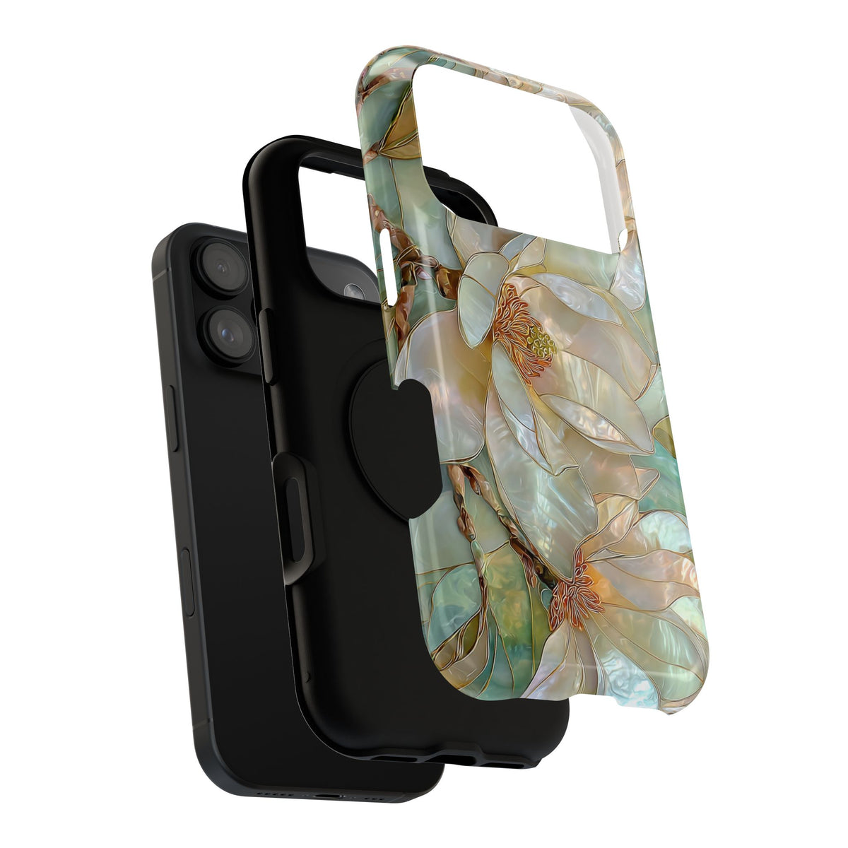 Pearl Magnolia protective phone case, close-up of the dual-layer construction