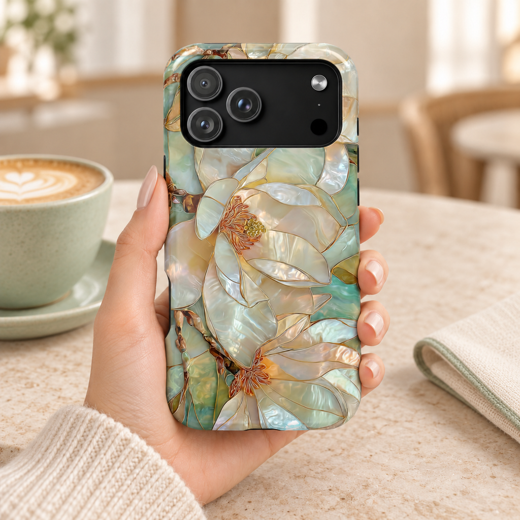 Pearl Magnolia MagSafe case, pearly magnolias in soft teal and cream, lifestyle photo in hand with coffee